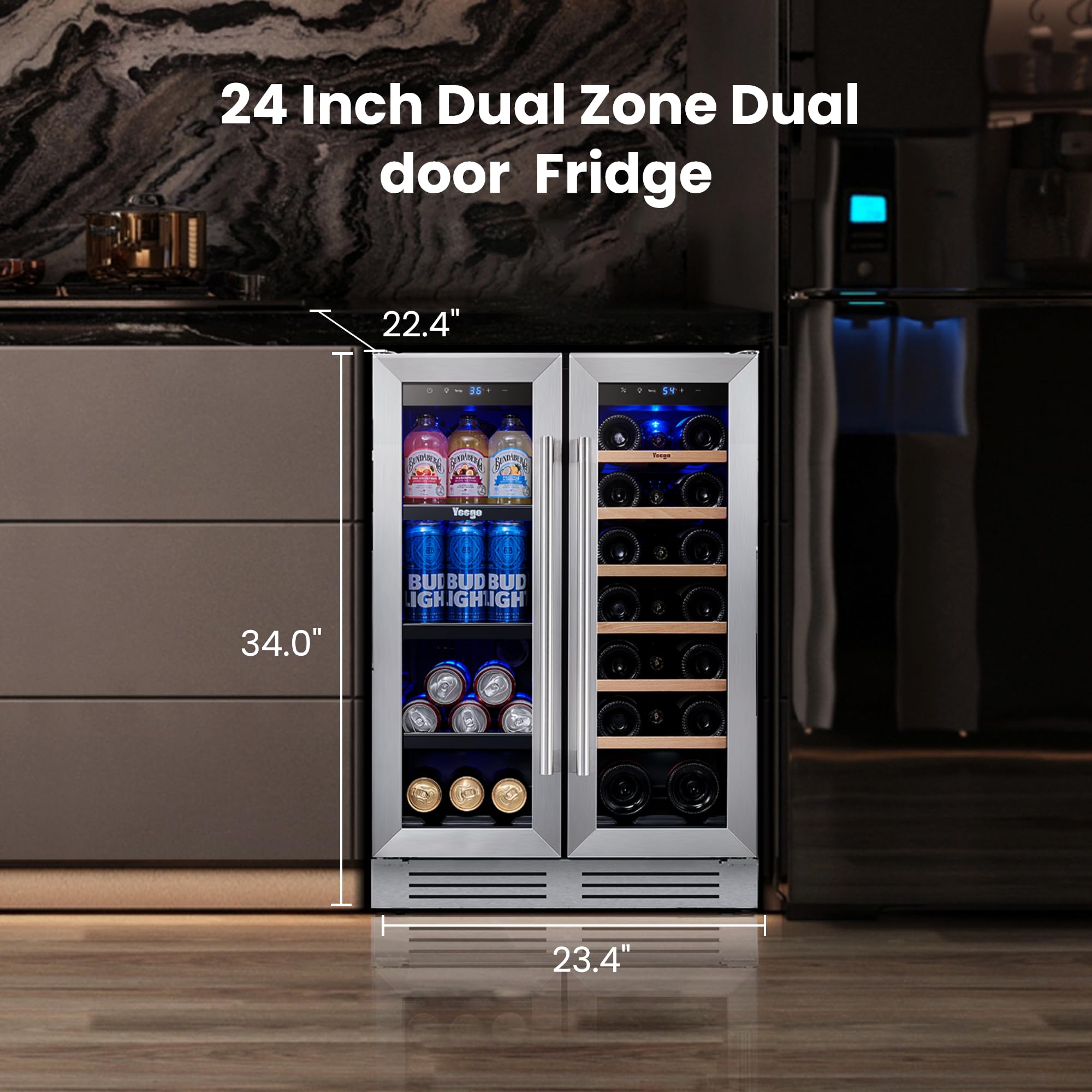YEEGO Wine And Beverage Refrigerator, 24 Inch Dual Zone Wine Fridge, Built-In Or Freestanding Wine Cooler With Glass Doors, Under Counter Drink Fridge For Wine/Beer/Soda/Water on Fridge.com - View 6