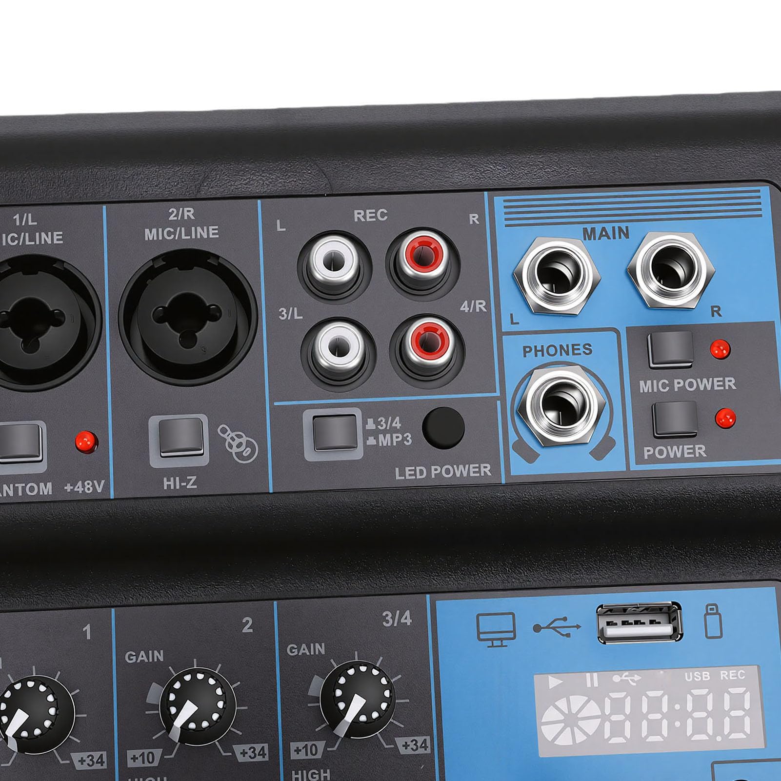Mixer a 4, Mixer Professionale con Doppio Microfono Wireless UHF, MP3 Bluetooth Integrato, Alimentazione 48 V, Porta USB Mixing DJ RGB per Feste Karaoke a Casa