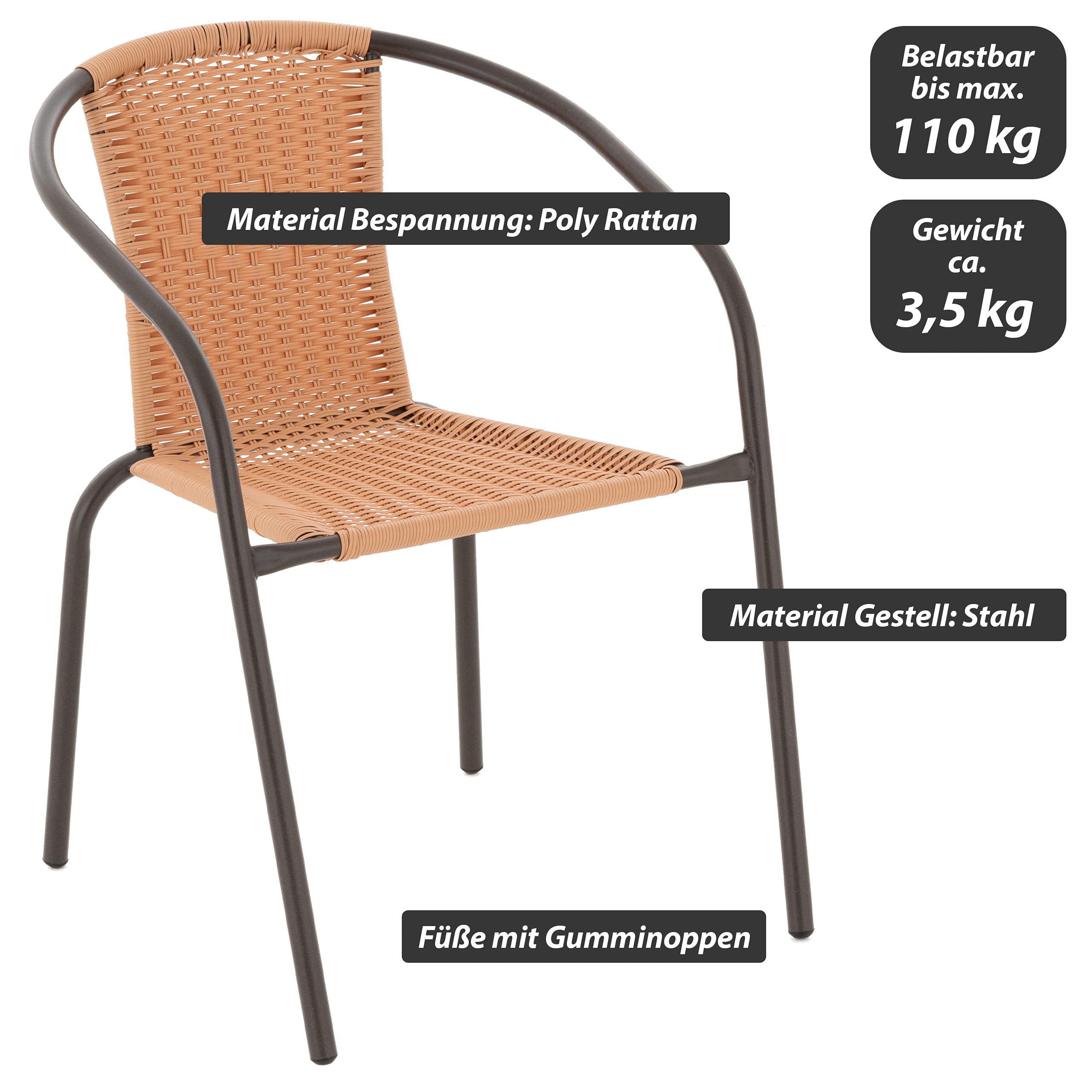 Nexos Trading 4er Set Bistrostuhl Stapelstuhl Balkonstuhl Rattanstuhl Terrassenstuhl – Poly-Rattan Stahlgestell –pflegeleicht robust stapelbar – Farbe Hellbraun