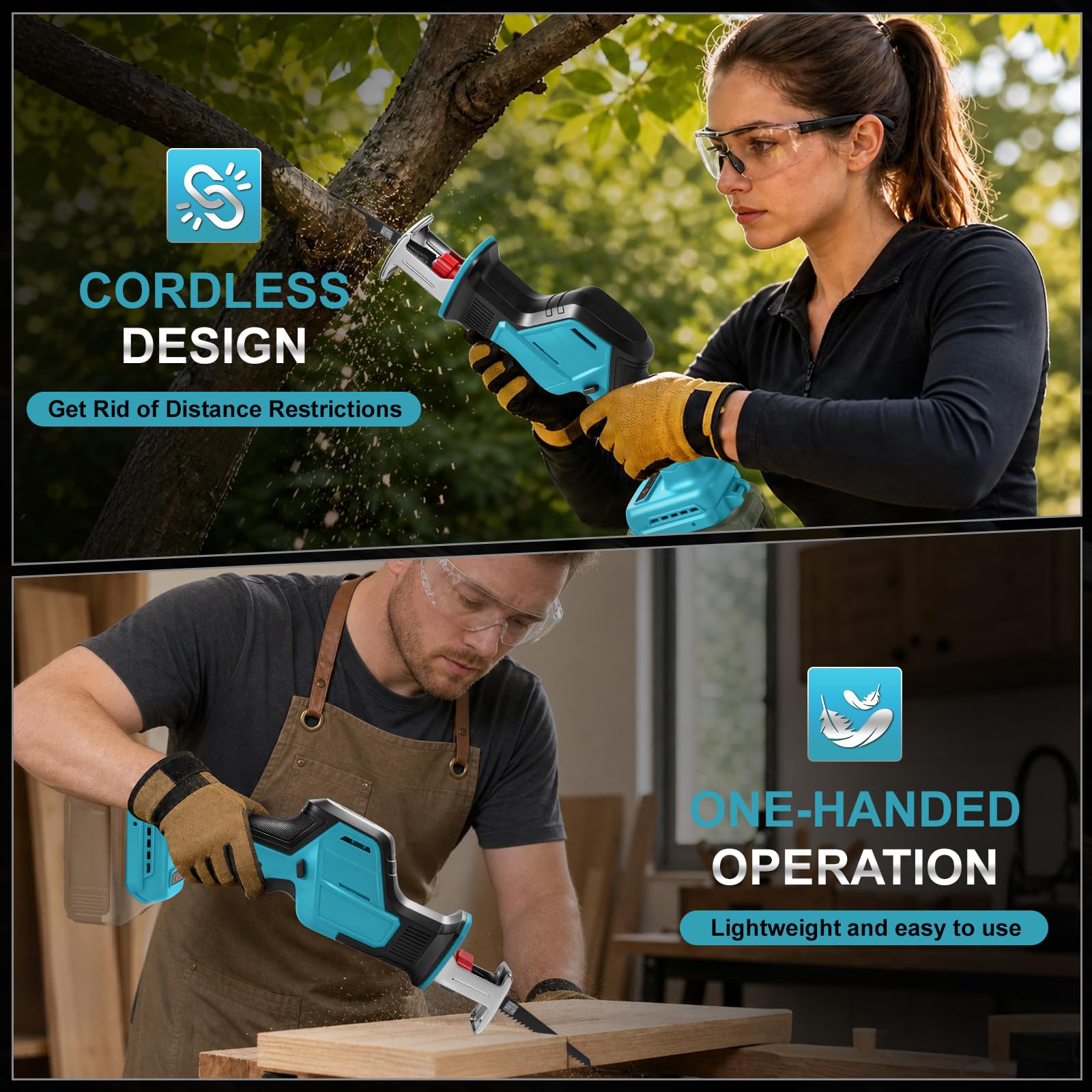 Sierra Sable Inalámbrica con 4 Hojas para Makita 18V (sin Batería) | 600W, Sierra Sable sin Escobillas, con Luz LED, Maletín, para Cortar Madera y PVC