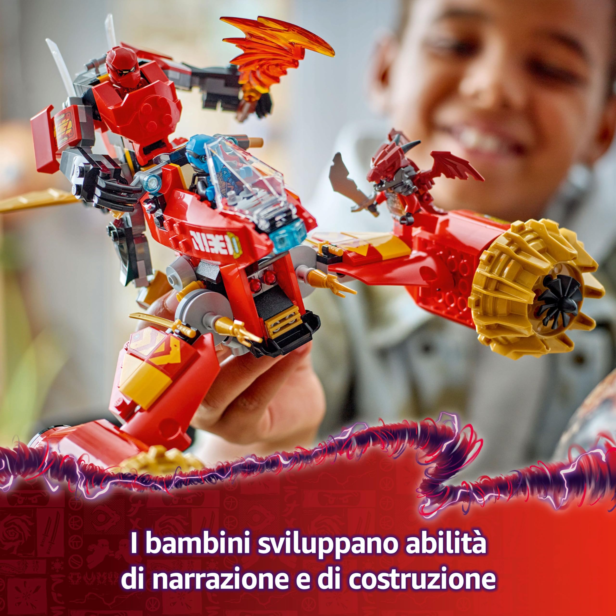 LEGO NINJAGO Mech Storm Rider di Kai - 2 Veicoli Trasformabili in Figura Snodabile e Moto Giocattolo, Set con 3 Minifigure e Armi, Giochi per Bambini e Bambine da 7 Anni da La Rivolta dei Draghi 71830