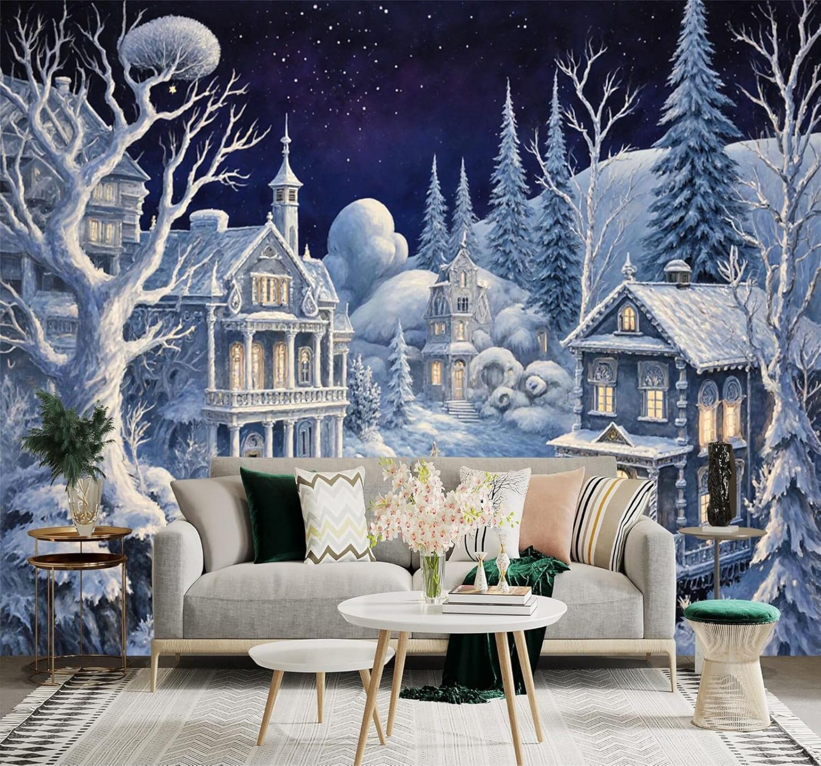 XLMING Winter Village Snowy Landscape Cosy Houses Starry Sky 3D Wallpaper Silky Texture Home Study Office Grey Dining Room Sofa Bedroom Living Room TV Backdrop-400cm×280cm