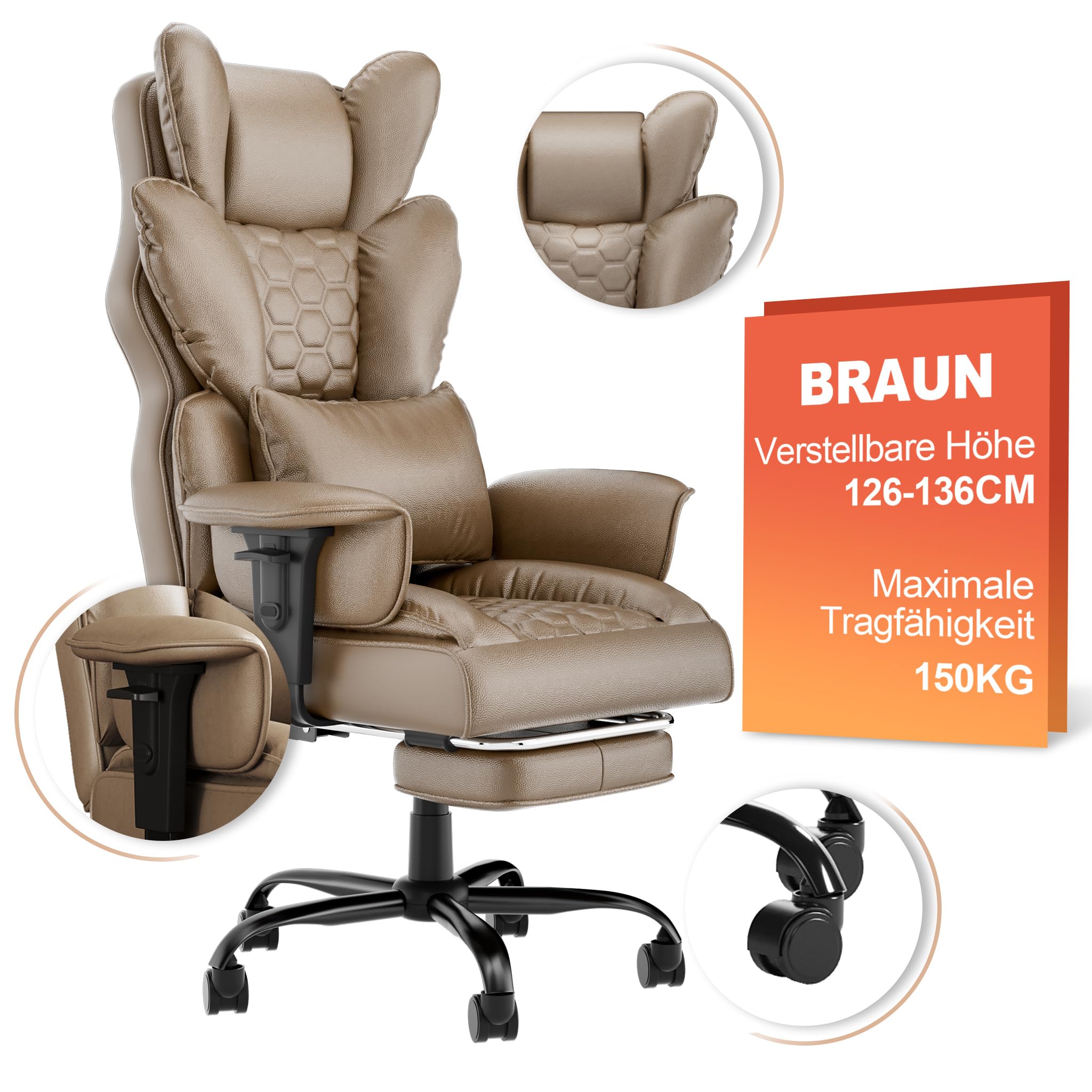 LZQ Ergonomischer Bürostuhl Leder Chefsessel mit Fußstütze, Gaming Stuhl Computerstuhl aus PU, 90-150° Verstellbare Rückenlehne, Höhenverstellbare Armlehnen, 150kg Belastbar für Büro, Braun