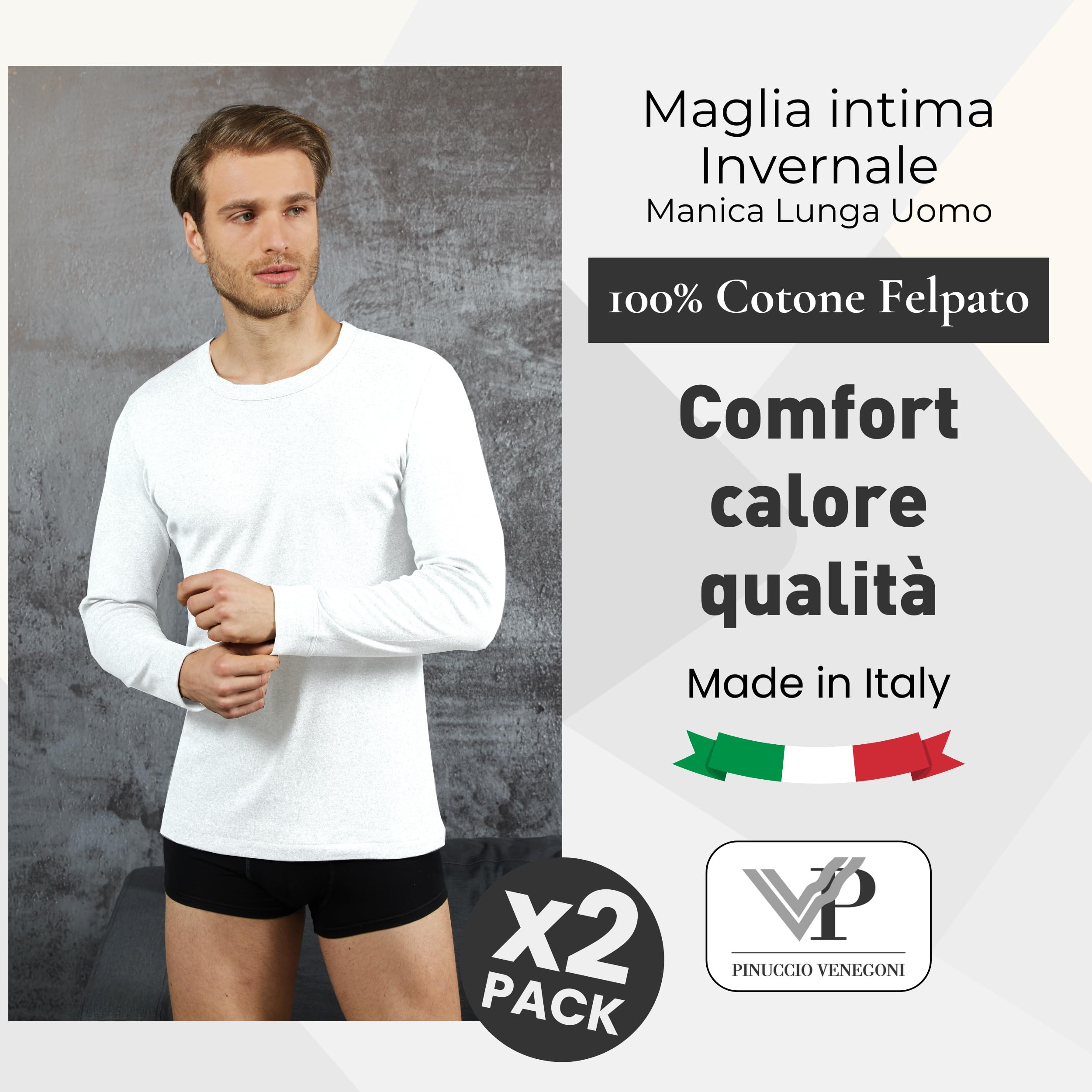 VP PINUCCIO VENEGONI Camiseta de manga larga para hombre (paquete de 2) 100% algodón afelpado | Camiseta térmica para hombre de invierno, cuello redondo, camiseta interior, fabricada en Italia