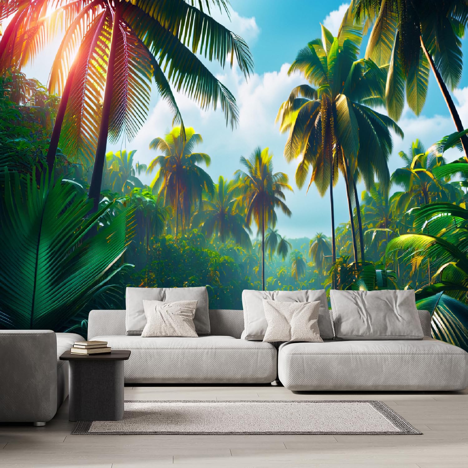 Sunlit Forest Wall Mural 150" W x 105" H Palm Trees Wallpaper TV Sofa Wall Decor Green Landscape Large Canvas Murals for Living Room Nature Removable Mural for Bedroom(Not Peel and Stick)