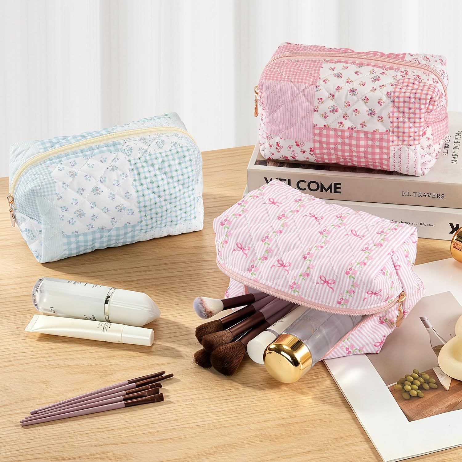 Makeup Bag Travel Toiletry Pouch for Women, Small Quilted Cotton Cosmetic Bag for Purse, Cute Essentials Pouch Pencil Case Accessory, Pink Floral Bow thumbnail