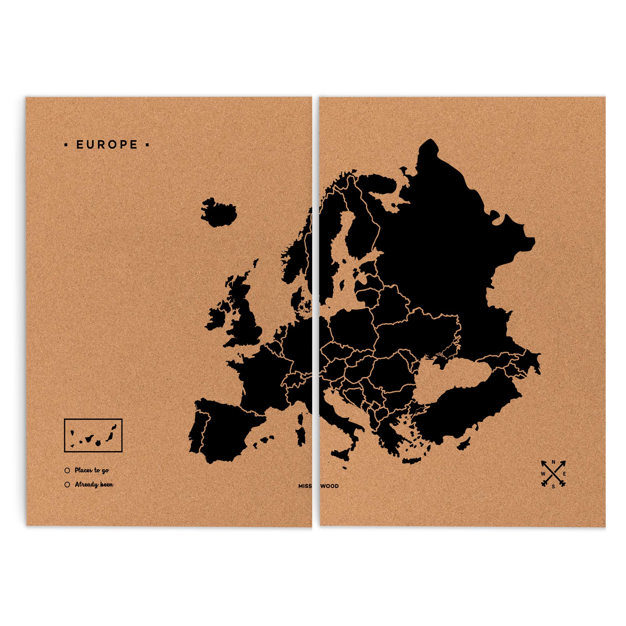 Miss Wood Woody Map XXL - Mapa del Mundo de Corcho con diseño Europa, Color Negro