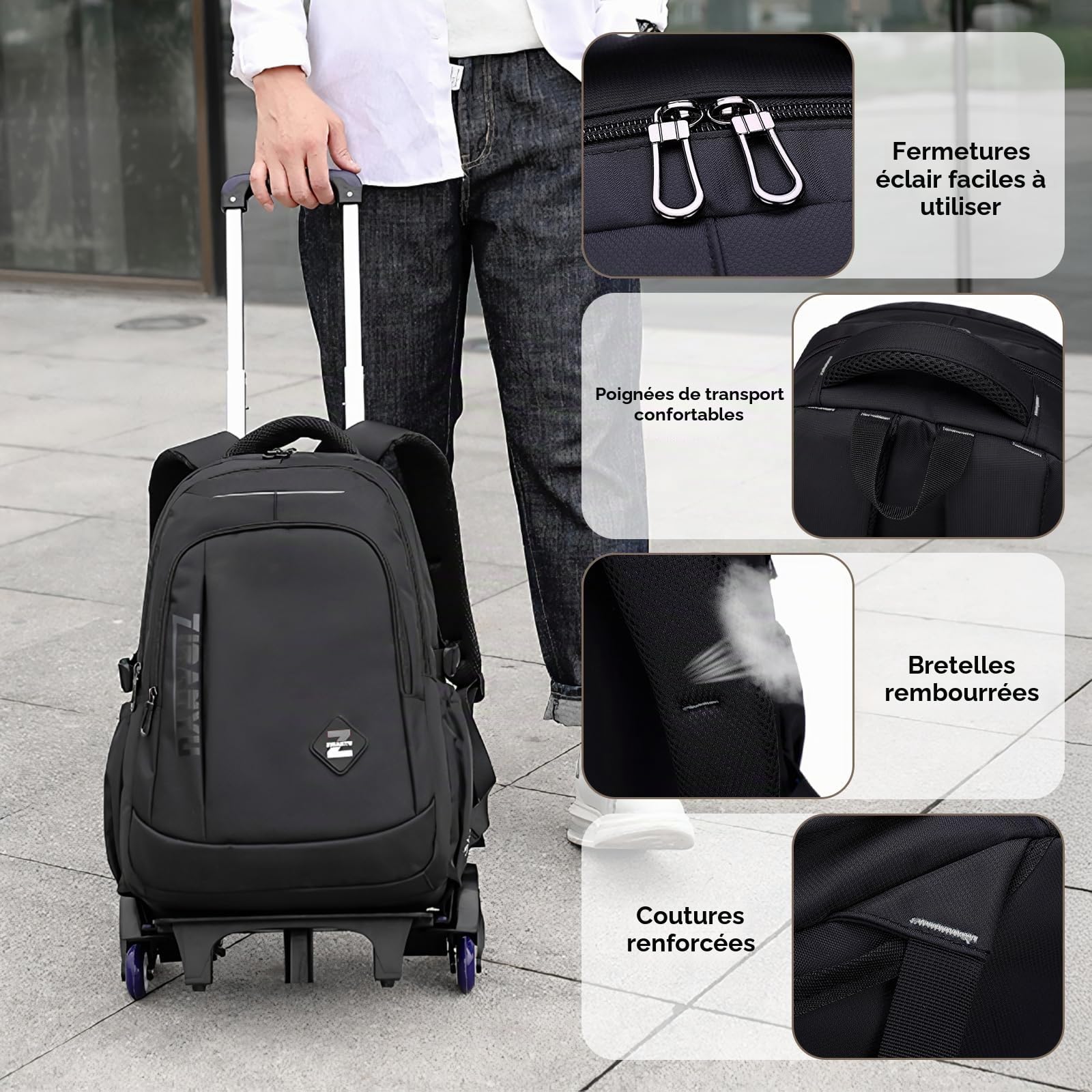 Amythe Cartable à Roulettes pour Garçons, Sac à Dos pour Hommes avec 6 roues, 30 Litres Sac Ecole Collège Léger et Imperméable avec Chariot, Adapté aux Loisirs et aux Voyages, Noir