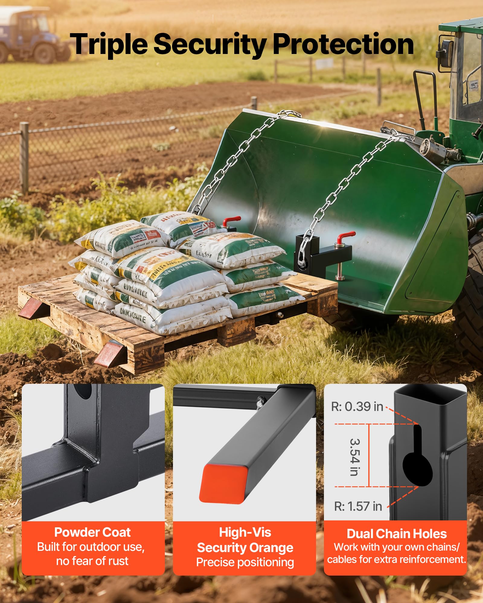 VEVOR Forche per Pallet con Morsetto da 907 kg Lunghezza Totale 109 cm, Forche per Trattori per Impieghi Gravosi con Barra Stabilizzatrice Regolabile per Accessori per Trattori, Benna di Carico