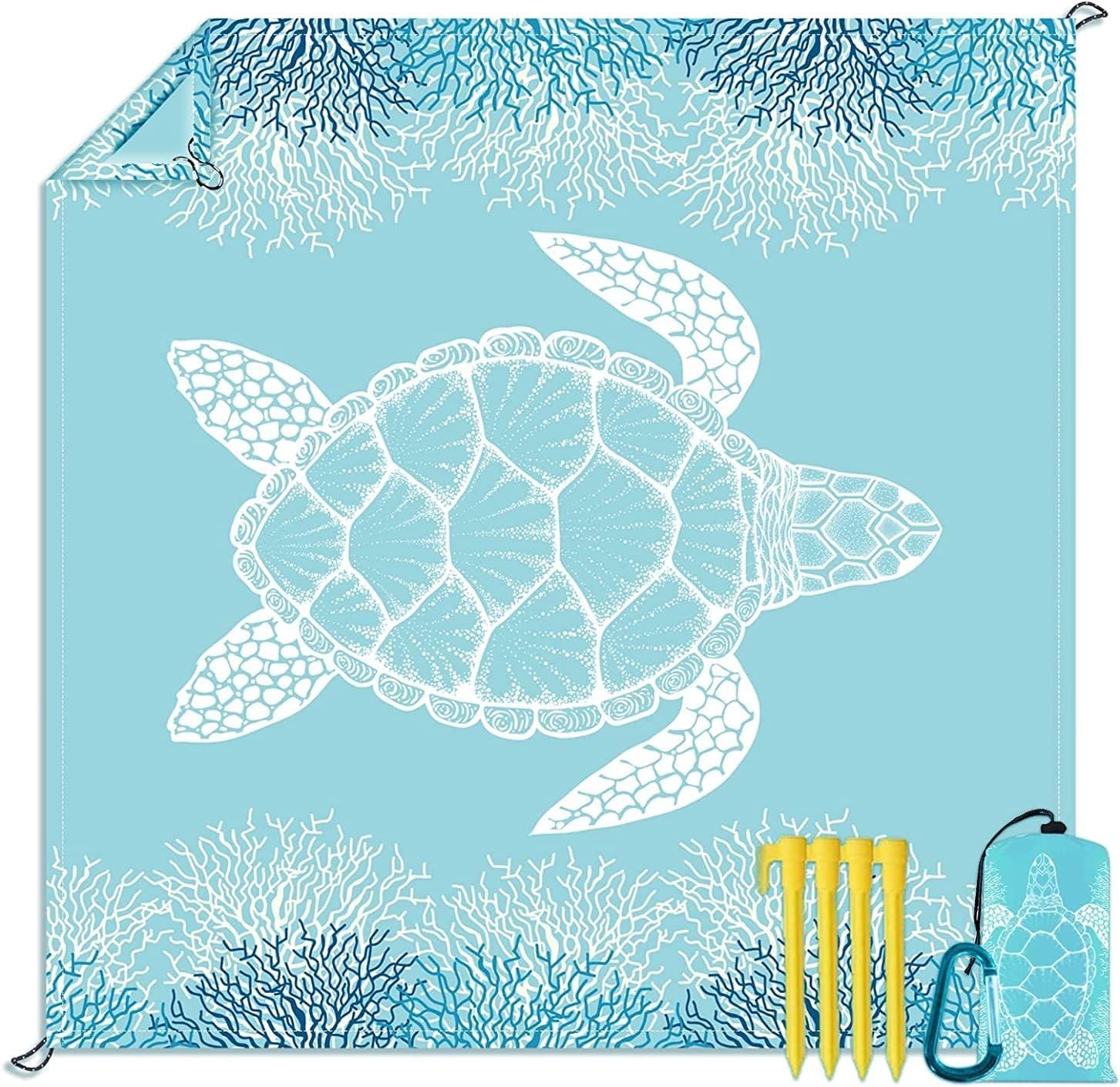 S SYMEFER Extra Large Beach Blanket 79x 79 Inch Picnic Blanket for 4-6 Adults Sandproof Turtle Pattern Beach Mat with Storage Bag and Anchor Stakes for Hiking Picnic Blankets