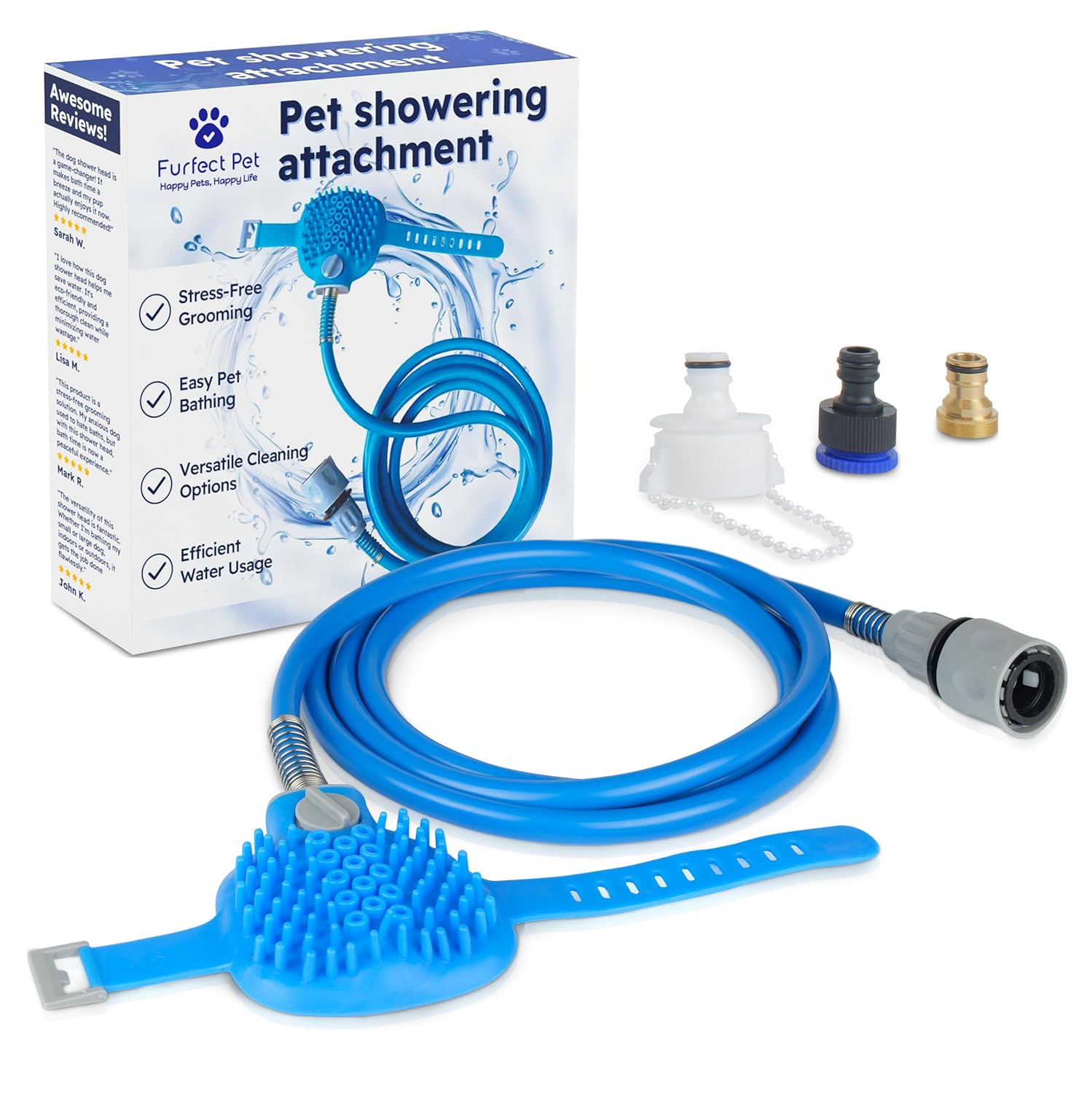 FurfectPet Pet Shower Hose Attachment-Soothing Massage Soft Silicone Bristles for Long Short Haired Dogs & Cats Washing - Pet Grooming - With Hose and Shower Attachment