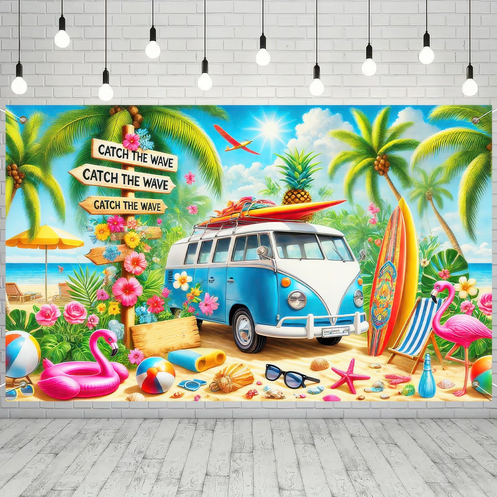 BlissYard Summer Hawaiian Backdrop Banner 71 x 43 inch Beach Party Shooting Background Decorations Supplies Blue Truck Hello Summer Hawaiian Tropical