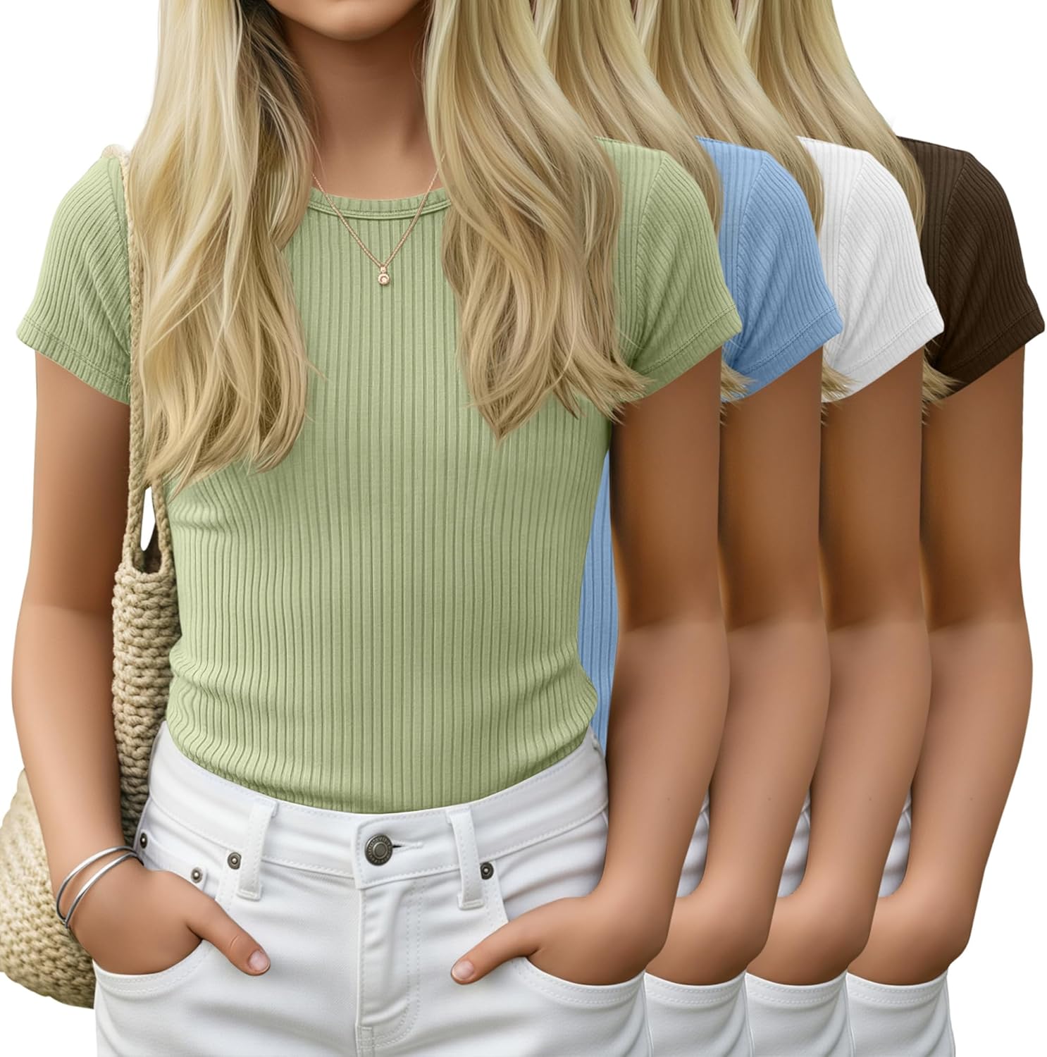 4 Pack Girl's Short Sleeve T-Shirts Ribbed Cap Sleeve Tops Crewneck Slim Fit Cute Blouse Summer Basic Tees 5-14Y