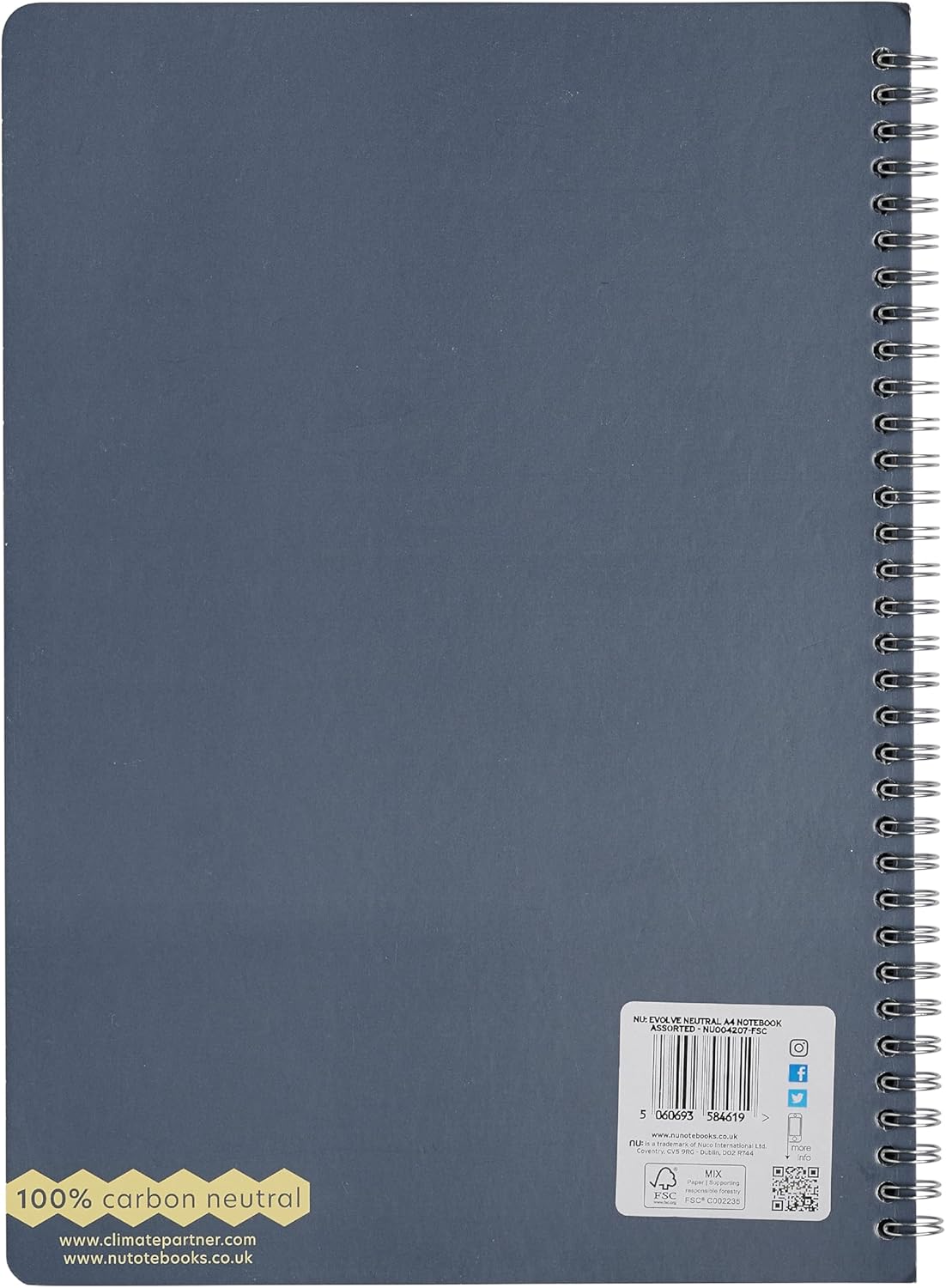 nu: A4 Blue Lined Wirebound Notebook | Carbon Neutral | 120 Pages | Supports Climate Partner Projects | Fully Recyclable | Evolve Neutral