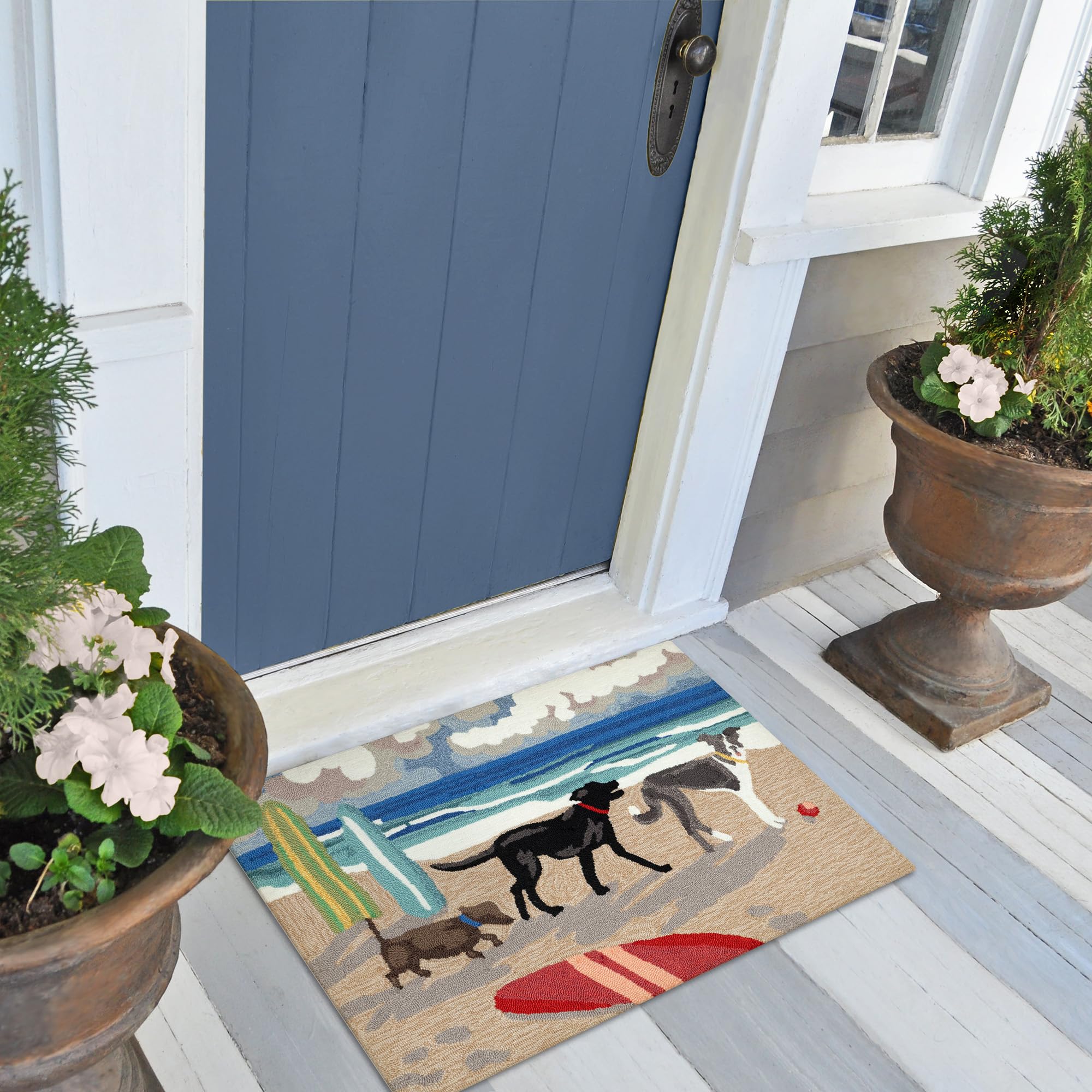 Liora Manne FrontPorch Indoor/Outdoor Hand Tufted Durable Area Rug - Transitional Graphic Coastal Ocean Colorful (Dog Beach Blue) (1'8" x 2'6")