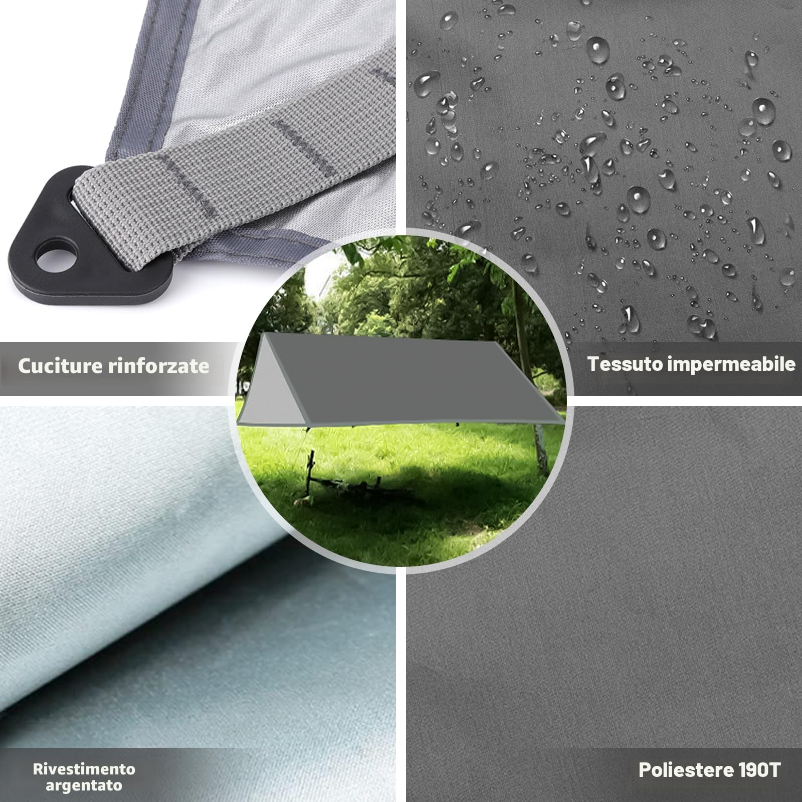 Tarp Campeggio, 3x3m Telo per Tenda Impermeabile Accessori Campeggio, Tenda Parasole Protezione UV Ultra Leggero con 6 Chiodi e 6 Corde del Vento, per Campeggio, Trekking, Spiaggia, Picnic