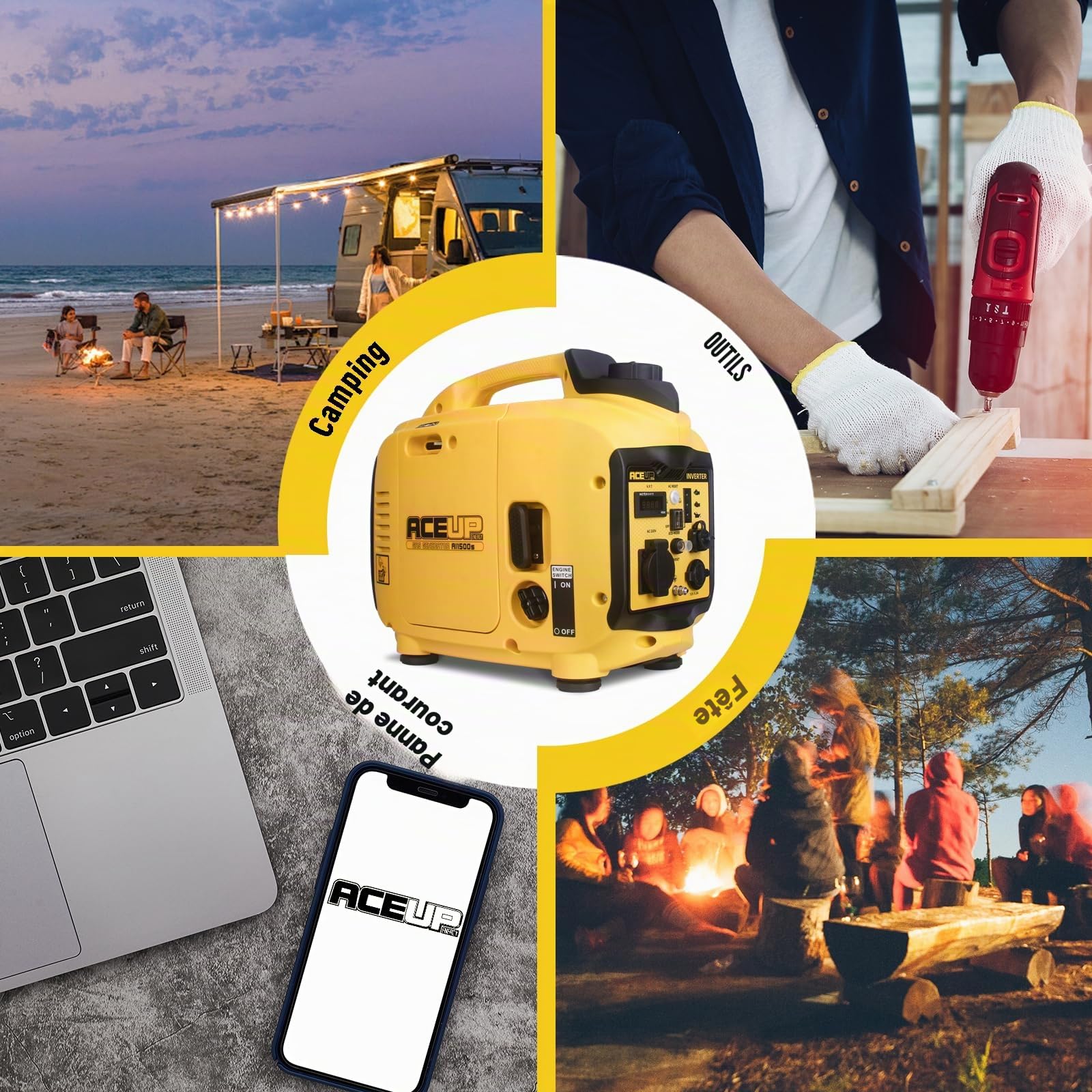 Aceup Energy 1300 W Générateur à Essence Silencieux Groupe Électrogène Inverter Portable avec Port USB et Prises 230 V, 12 V pour le Camping Caravane et Urgence Coupure de courant