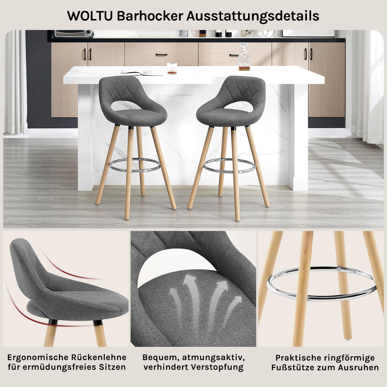 WOLTU Barhocker 2er Set, Barstuhl Küchenhocker Thekenhocker, Hocker mit Rückenlehne Fußstütze, aus Holz Leinen, für Bar Küche Theke Restaurant Café, Dunkelgrau, BH111dgr-2