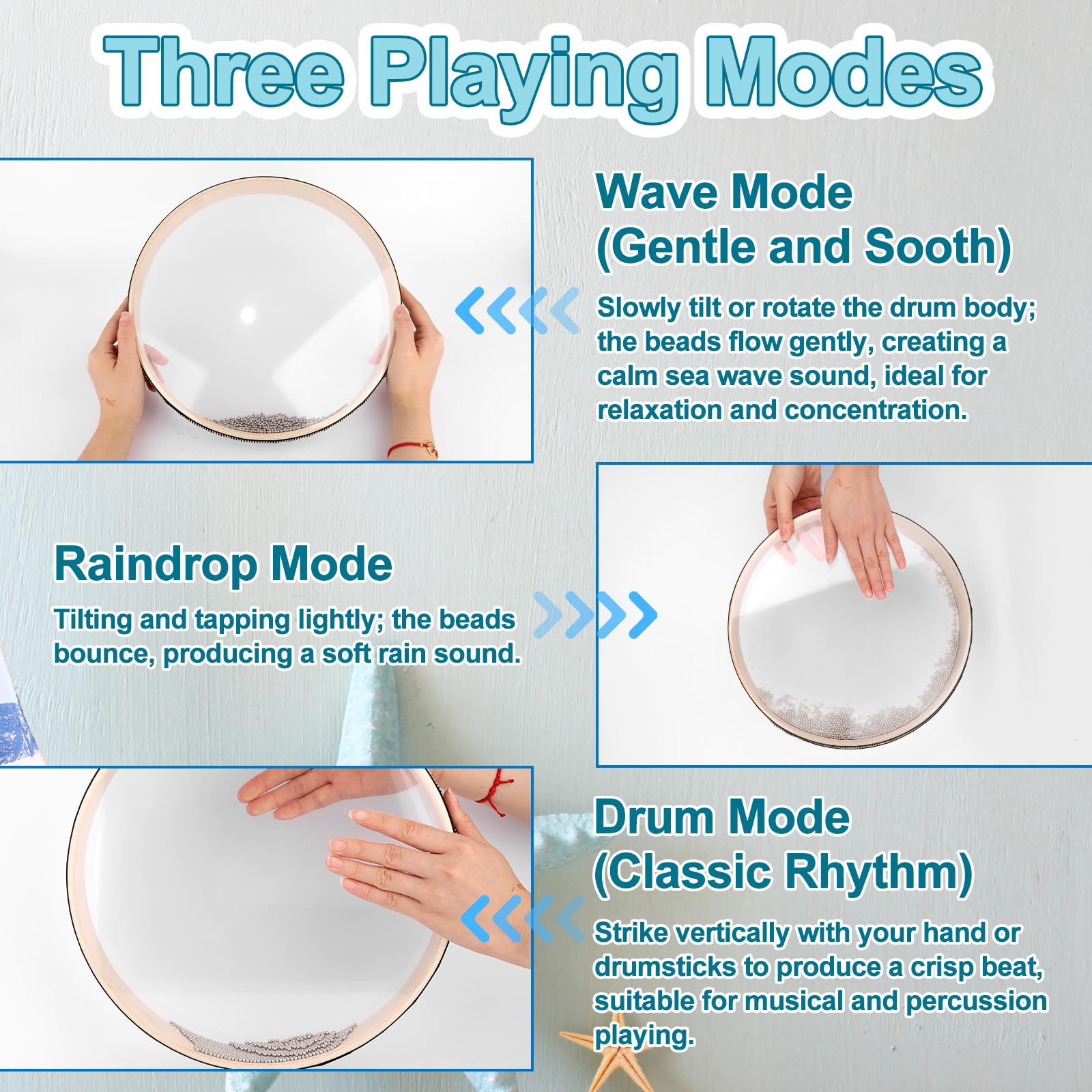 Tamburo Oceano, Tamburo Mare Strumento Guarigione Sonora per Meditazione Yoga Bagno Sonoro con Guscio Legno Duro & Perle Onda per Rilassamento Educazione Musicale Scuola (30,5cm)