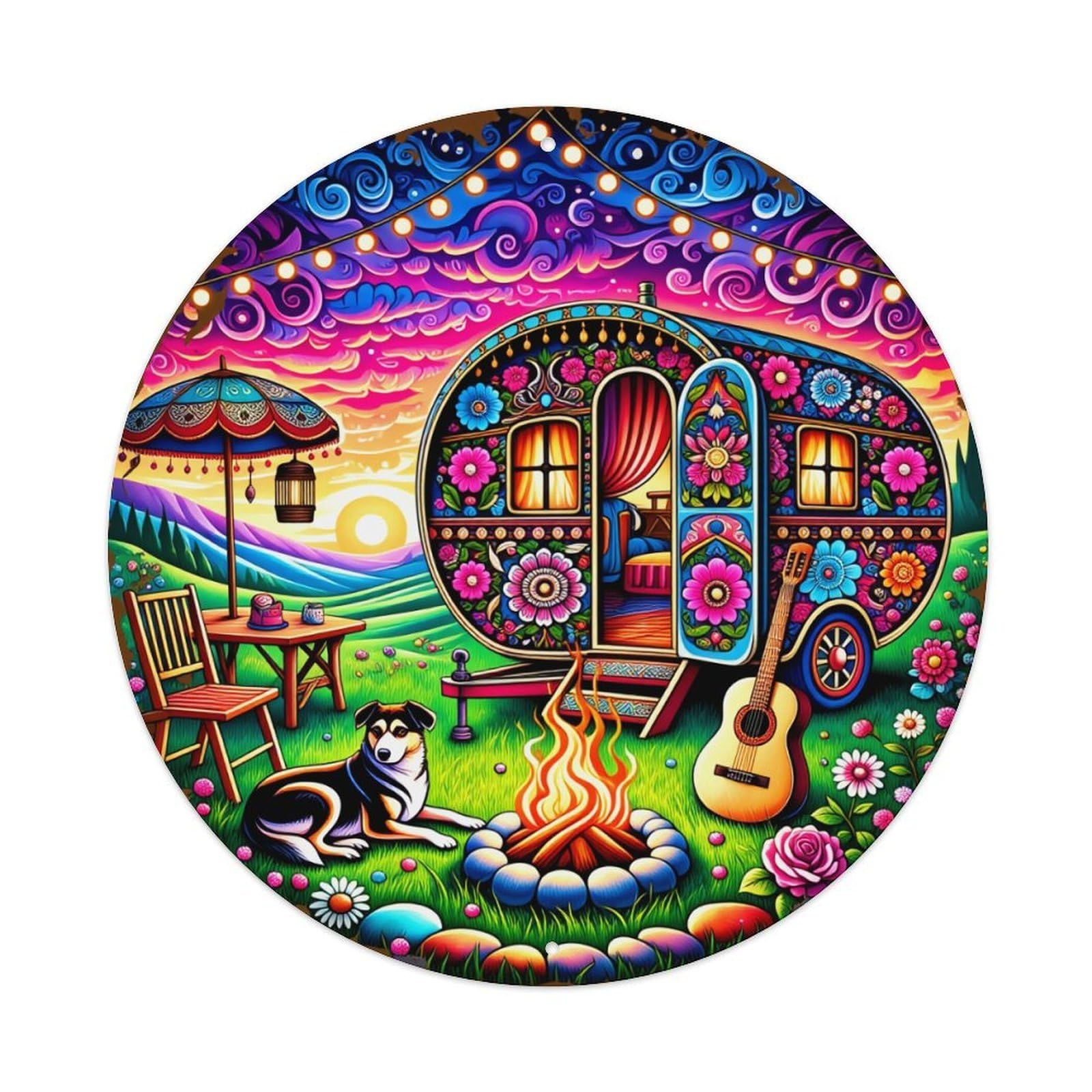 Colorful Van Campfire Dog Guitar Vintage Round Tin Sign Retro Metal Wall Decor Metal Poster, Home Bar Garage Cafe Wall Art Decoration 8x8Inches