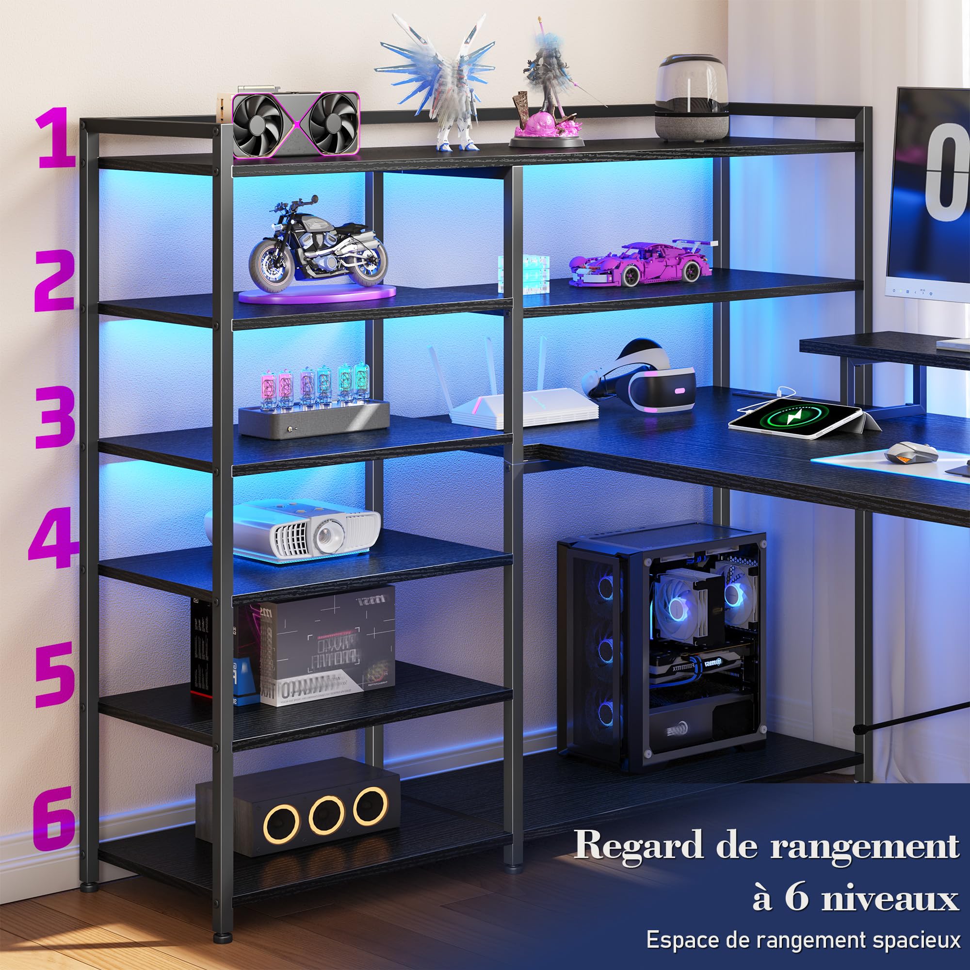 160x100 cm Forme U Bureau Gaming avec LED pour Homeoffice