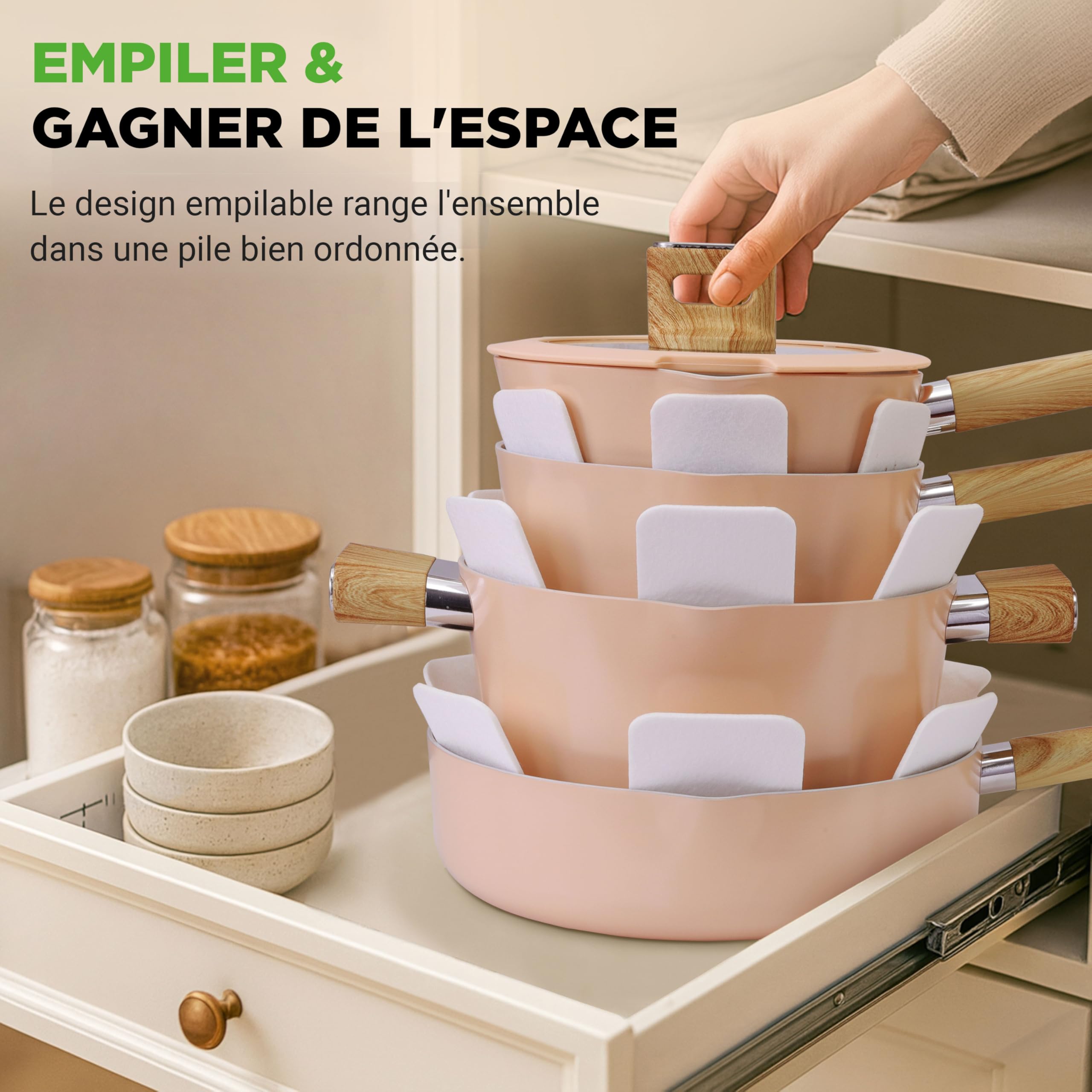 NutriChef Ensemble de Cuisine Céramique 14 Pièces Induction – Batterie de Cuisine Antiadhésive Aluminium Bec Verseur Couvercles en Verre Drainage Poignées Effet Bois Rose