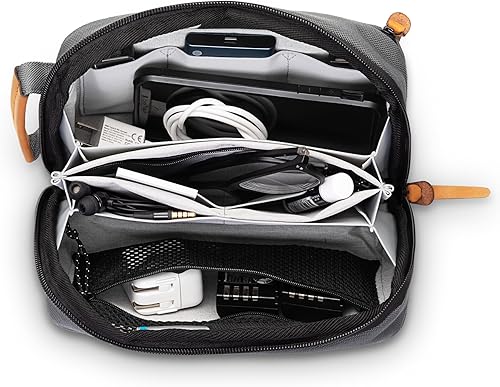 Vista 26 de Tech Bag Organizer - Pequeña bolsa organizadora de artículos electrónicos para viajes, funda de viaje premium con detalles de cuero, bolsillo
