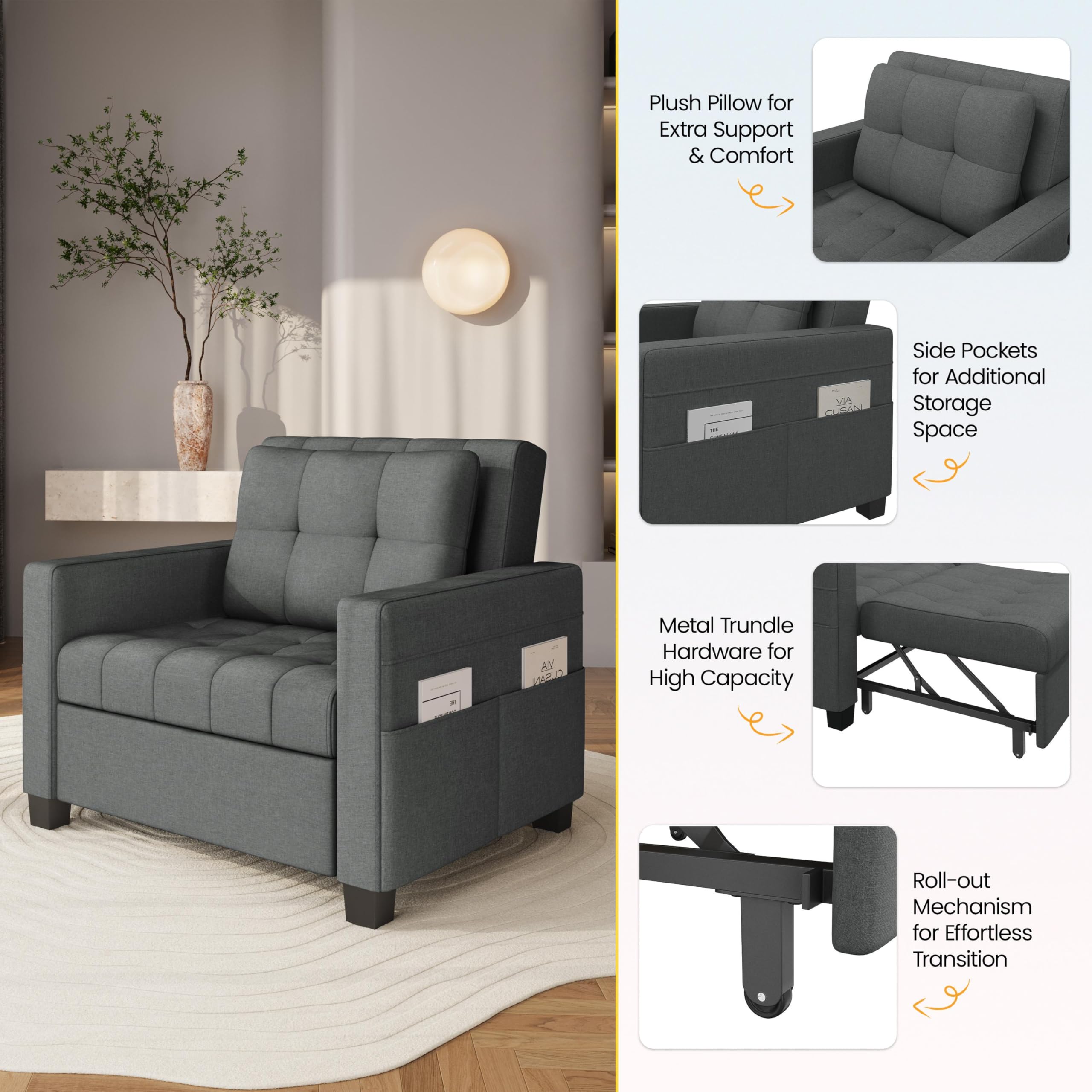 Yaheetech Divano Letto 3 in 1 Imbottito Divanetto Singolo con Schienale Regolabile Divano a 1 Posto per Soggiorno Camera da Letto Poltrona Pieghevole Ufficio Appartamento Grigio Scuro