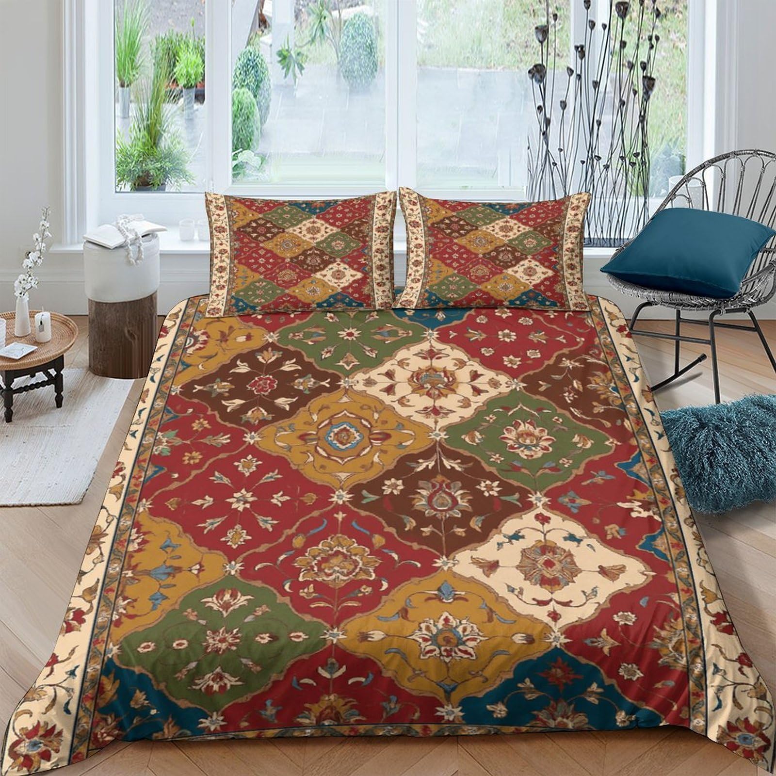GPLZQXKJNH 3D Printed Boho Patchwork Duvet Cover Microfiber Soft Breathable Vintage Geometric Bedding Set with 2 Pillowcases for Bedroom Home Decor Single（135x200cm）