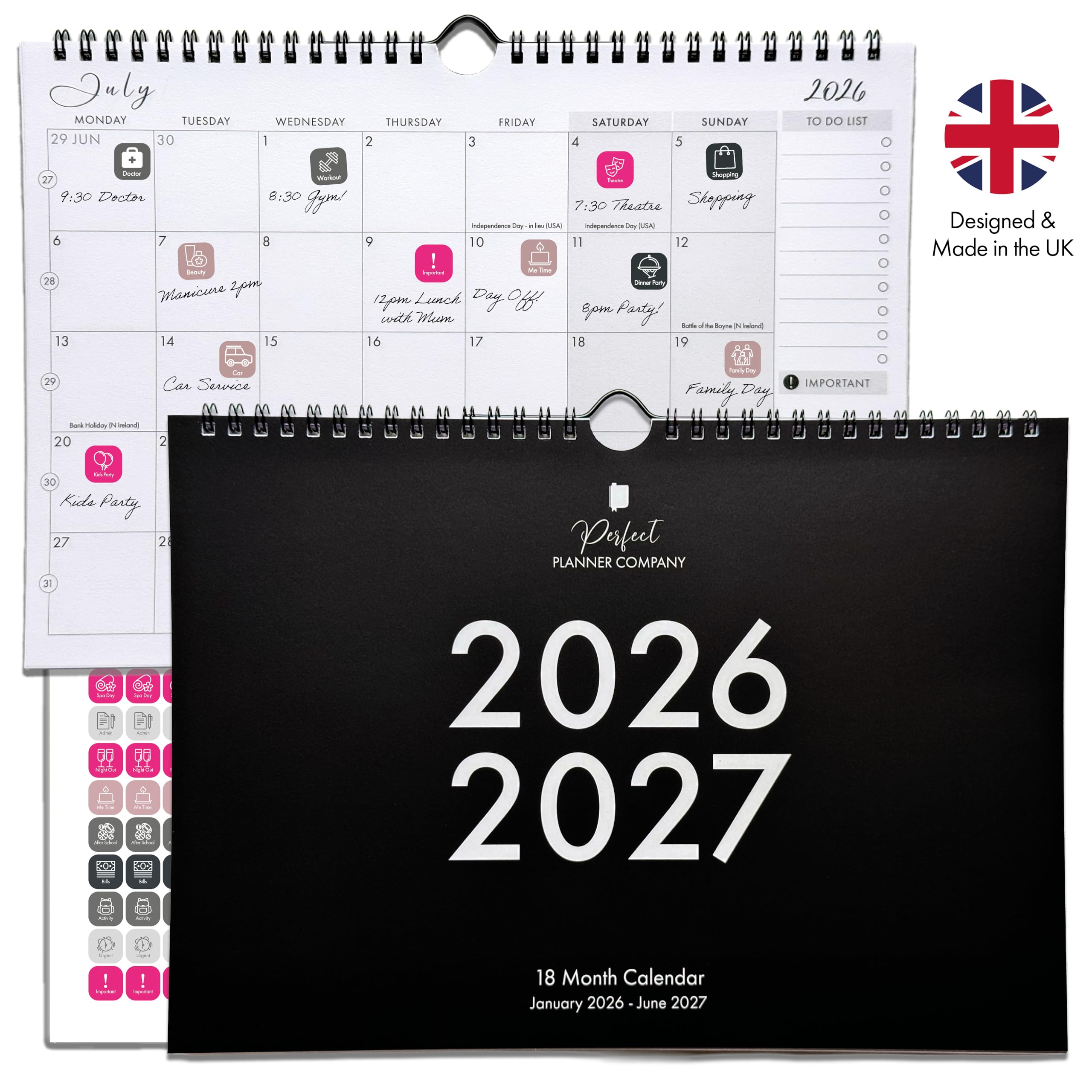 Family Wall Calendar 2026-2027 A4 with Stickers. Month to View