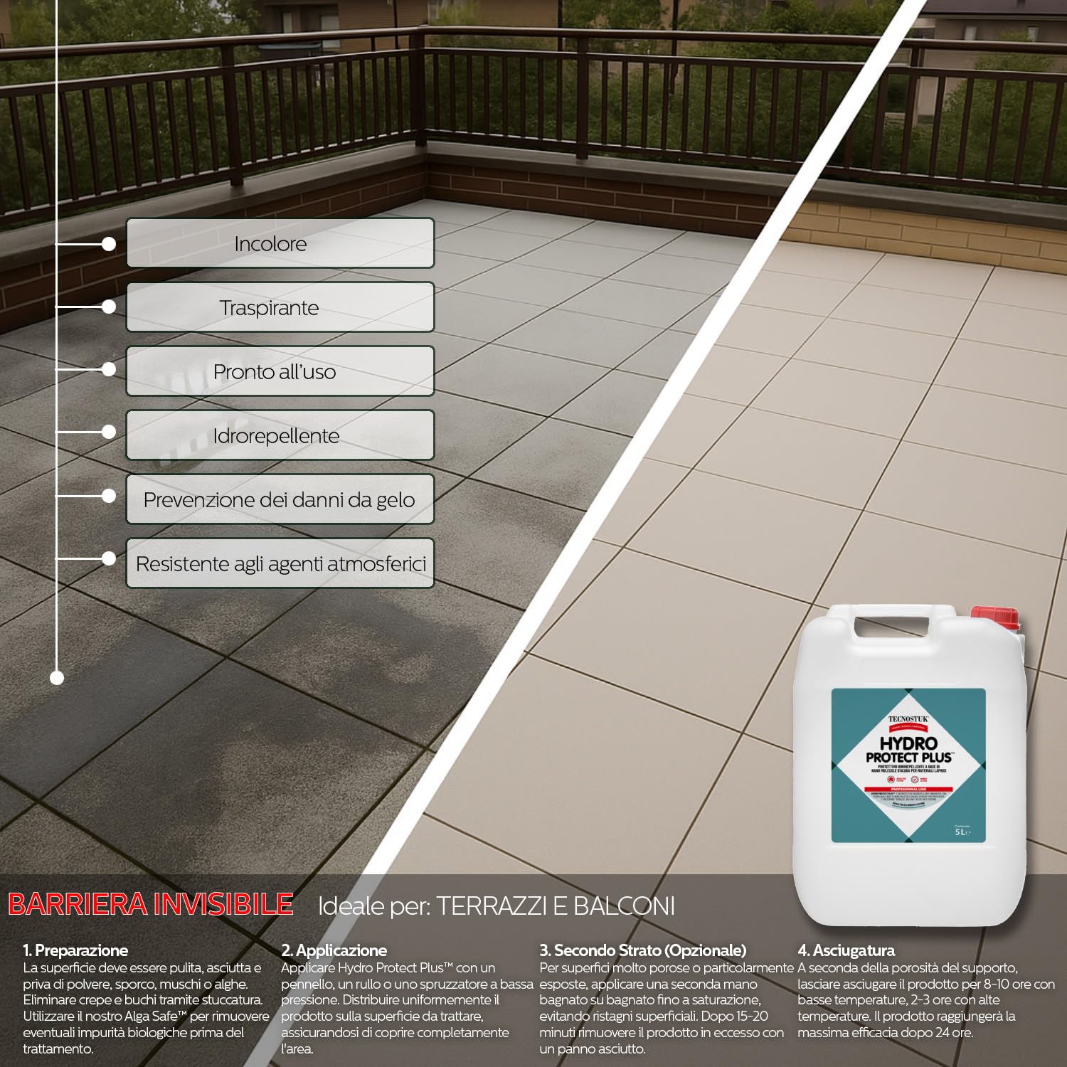 HydroProtectPlus Impermeabilizzante Terrazzi Nanotecnologico Trasparente - Idrorepellente per Pietra, Marmo, Cotto, Cemento, Mattoni - Traspirante Impermeabile per Piastrelle per Esterno (5 LITRI)
