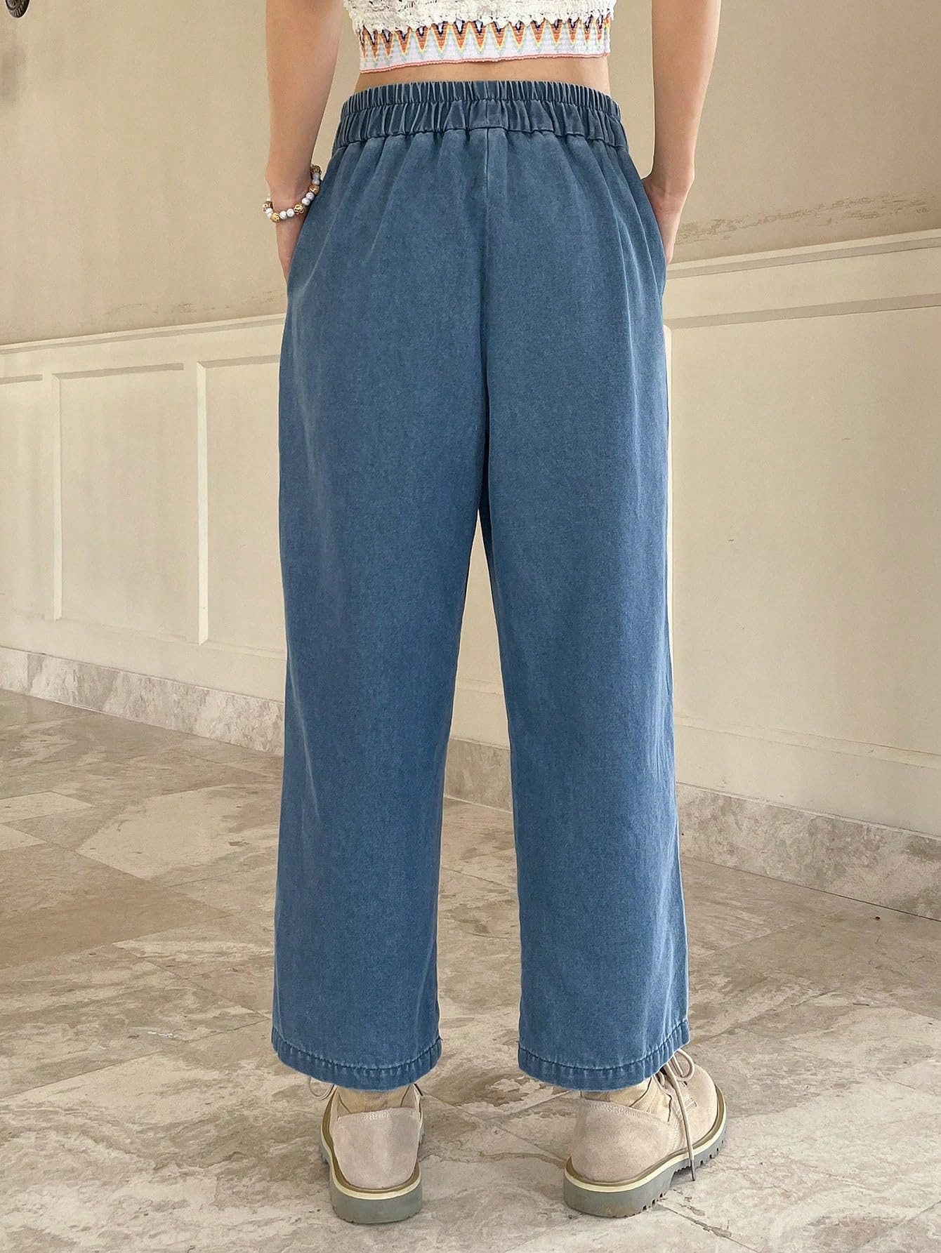 Shasmi Jeans in cotone per ragazze donne elastico in vita ritagliato dritto alla caviglia gamba larga casual vestibilità ampia jeans da donna (jeans 239)