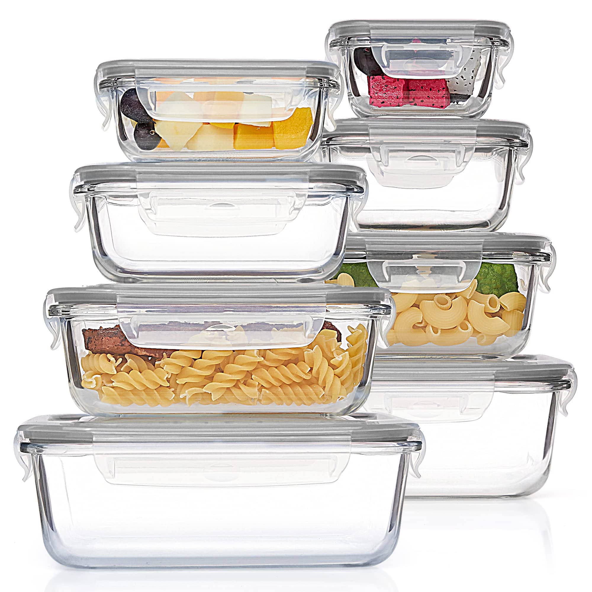 Vtopmart 8 Pack Glass Meal Prep Containers with Leak Proof Locking Lids, Airtight Food Storage Containers for Microwave, Oven, Freezer and Dishwasher, BPA Free, Grey