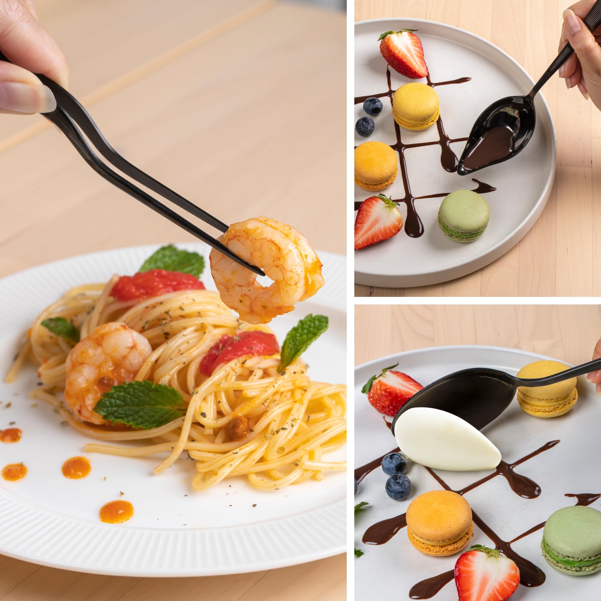 Set da cucina da 7 pezzi di utensili da cucina per placcatura nera (utensili professionali da chef), kit da chef con 3 cucchiai da placcatura, 3 pinzette per placcatura, spatola offset. In dotazione