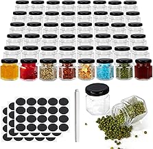 48 Pack 1.5 oz Hexagon Glass Jars with Black Lids, 45ml Clear Glass Canning Jars Honey Jars Spice Jars Mason Jars for Herb, Jams, Shower Favors, Wedding Favors, Craft, 1 Pen and Labels Included