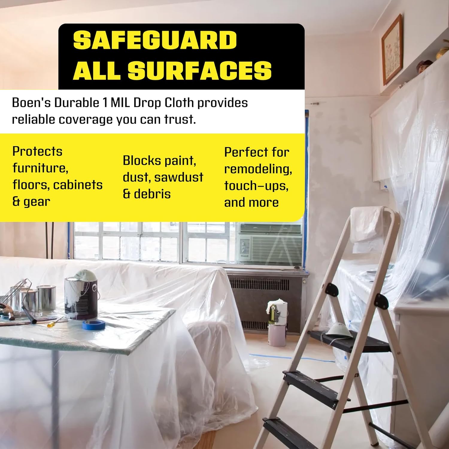 BOEN 9x12 Clear Plastic Drop Cloth – 6-Pack 1 Mil Painters Plastic Sheeting – Waterproof Paint Cover for Furniture, Floor, Window & Dust Protection – Disposable Plastic Tarp for Painting & Renovation