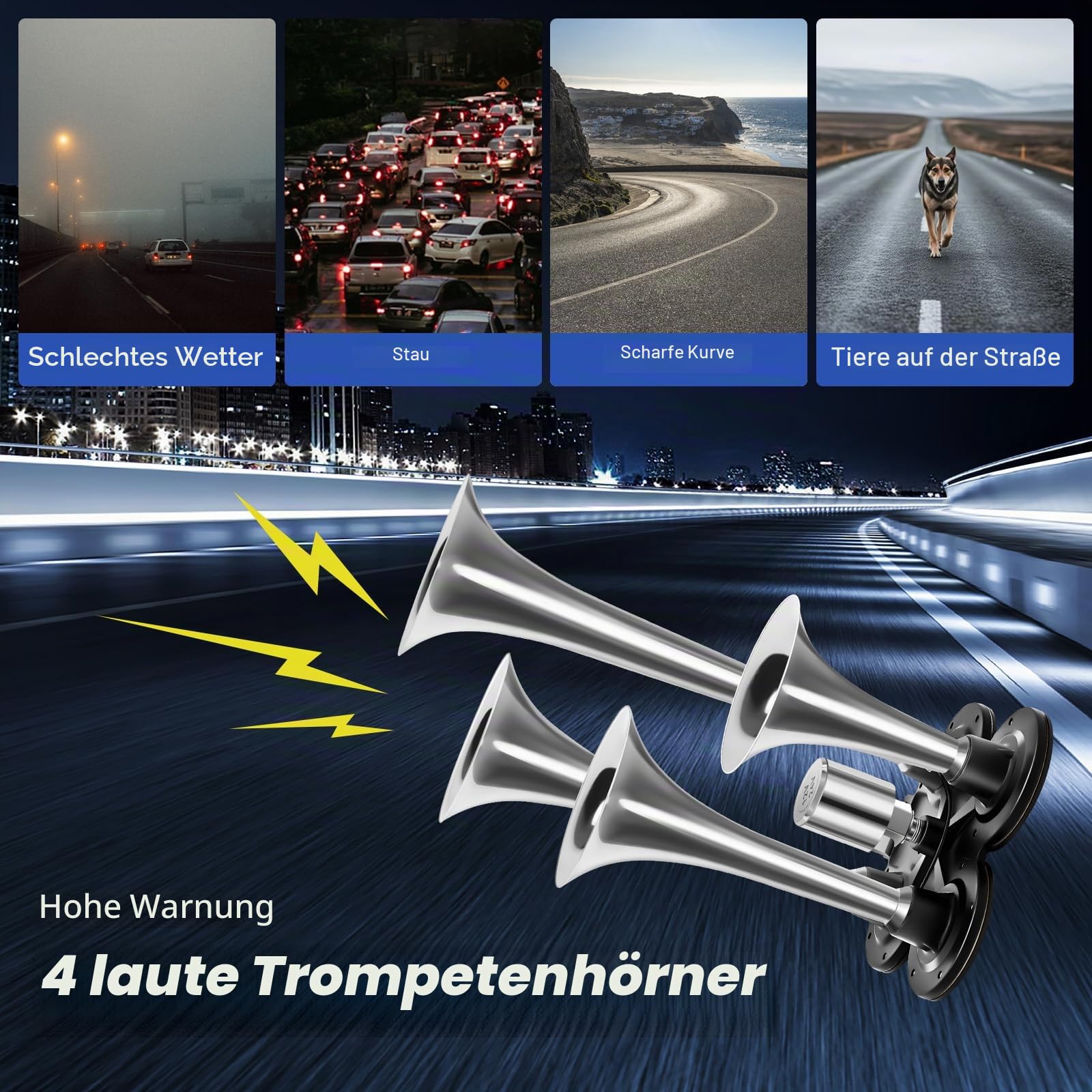 4 Trumpet Train Luft Horn Kit Und Kompressor Luftkompressor Komplettsystem Air Compressor mit 4-Rohr-Horn für Autoreifen Automotoren Fahrräder und auch Druck für Bälle und Spielzeug auffüllen 150PSI