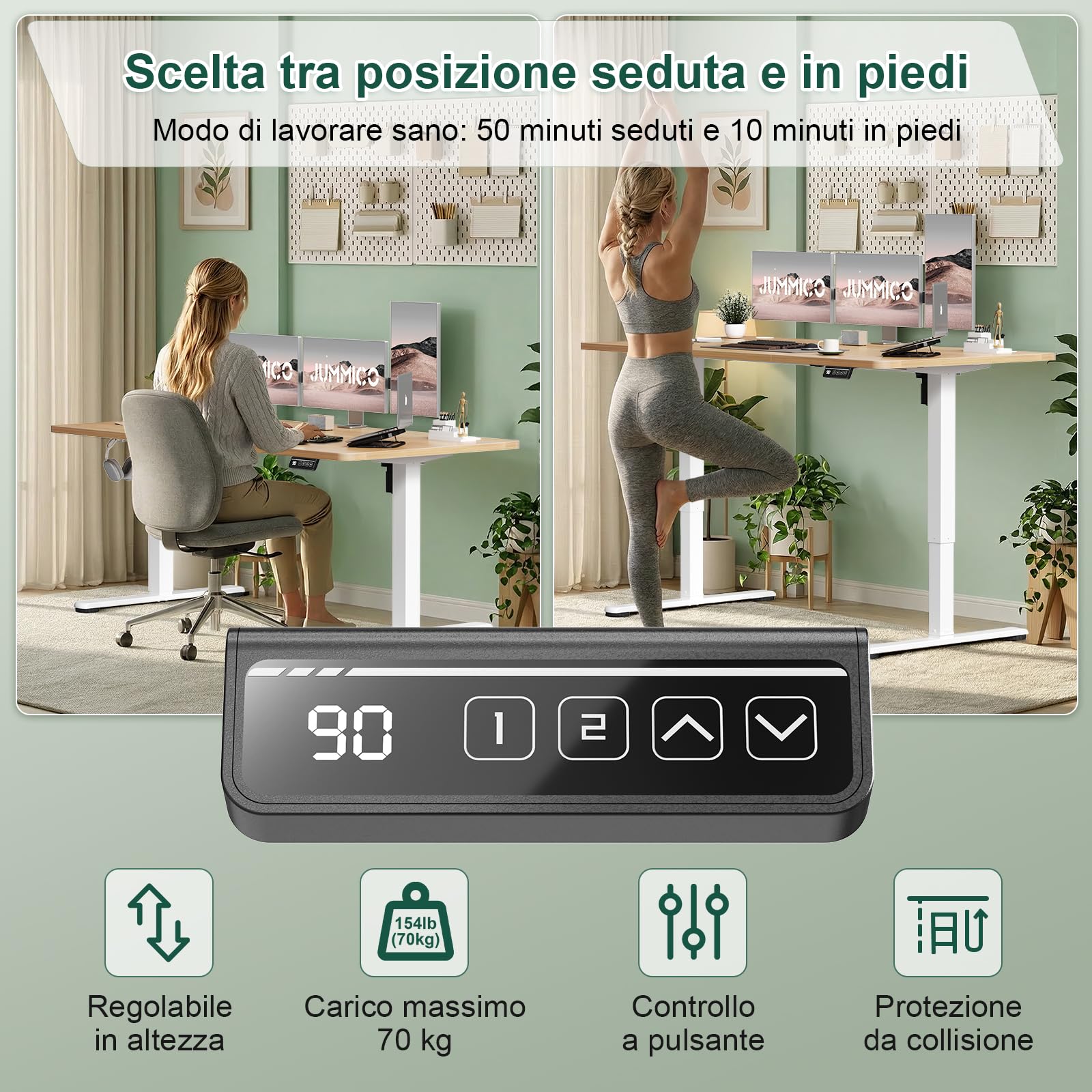 JUMMICO Scrivania regolabile in altezza 100×60 cm, telecomando a 4 tasti con funzione memoria, dotata di gancio, adatta per ufficio, studio e gaming, Beige