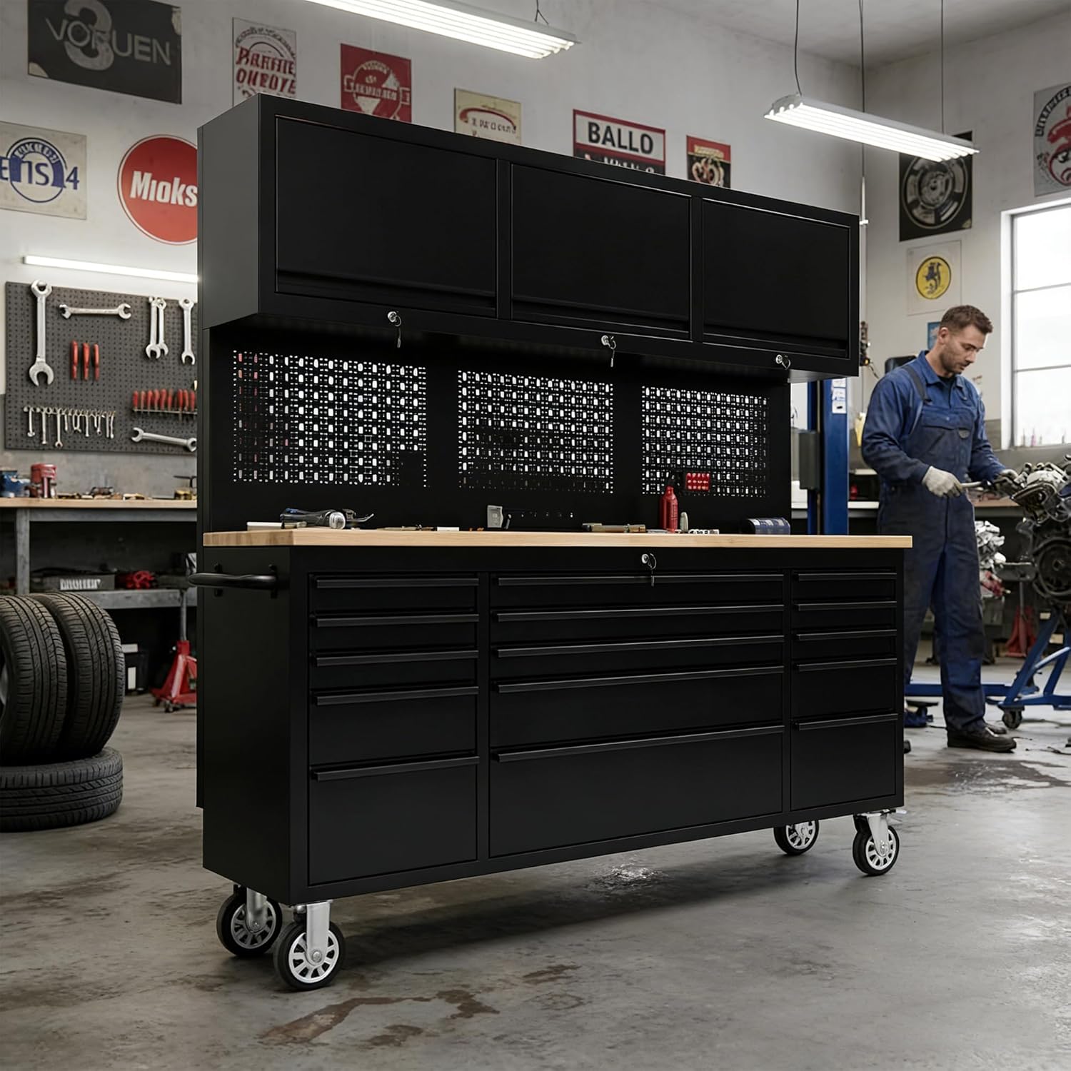 72 Inch Rolling Tool Chest with LED, Tool Box Mobile Garage Workbench with 15 Fully Extending Drawers 3 Upper Cabinet, Heavy-Duty Steel Tool Storage Cabinet with Power Strip for Garage Warehouse