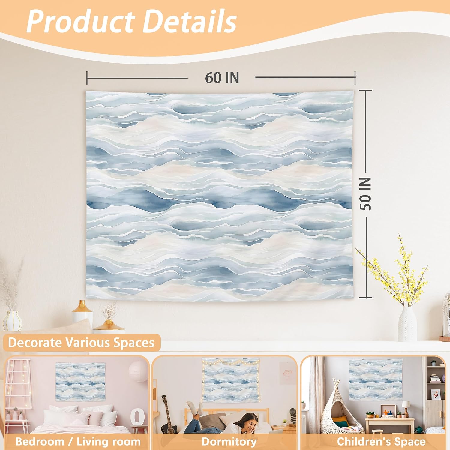 OHDCE Abstract Blue Ocean Wave Tapestry Wall Hanging, Watercolor Nautical Coastal Sea Wave Blanket Tapestries Wall Decoration for Beach House Bedroom Living Room Home, 50x60 Inch