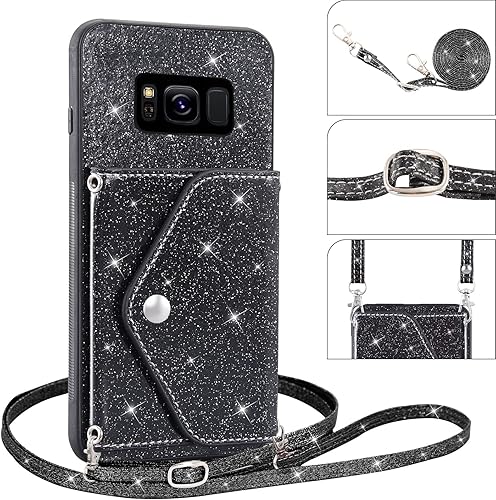 Miniatura 5 de Asuwish Funda para teléfono Samsung Galaxy S8 Plus con protector de pantalla de vidrio templado y correa cruzada, tarjetero con purpurina brillante