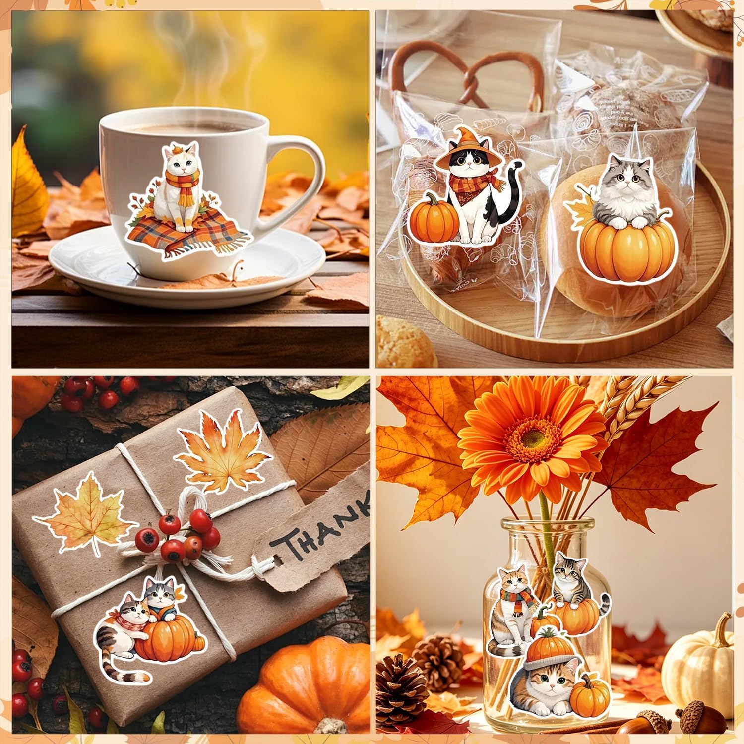 Autumn Pumpkin Stickers Cute Cat Decals Stickers 2 Roll with Various Leaves Patterns Design Decorative Sticker for Holiday Party Craft Gifts Journal Seal Envelope Cards Decor 500 Pcs
