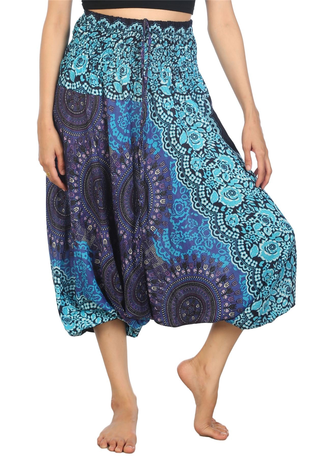 Lofbaz Women's Rose 2 Smocked Waist 2 in 1 Harem Jumpsuit Pants Blue M