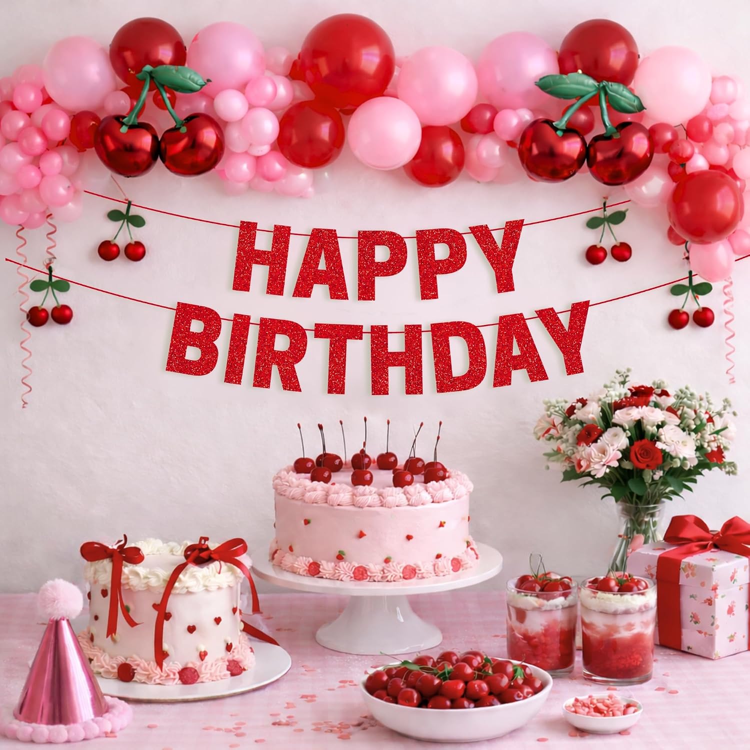 Pre-Strung Happy Birthday Banner - Red Glitter Happy Birthday Party Banner | No DIY - Pre-Strung on 8 ft Strands - Red Bday Party Decorations & Decor for Men, Women, Boys or Girls