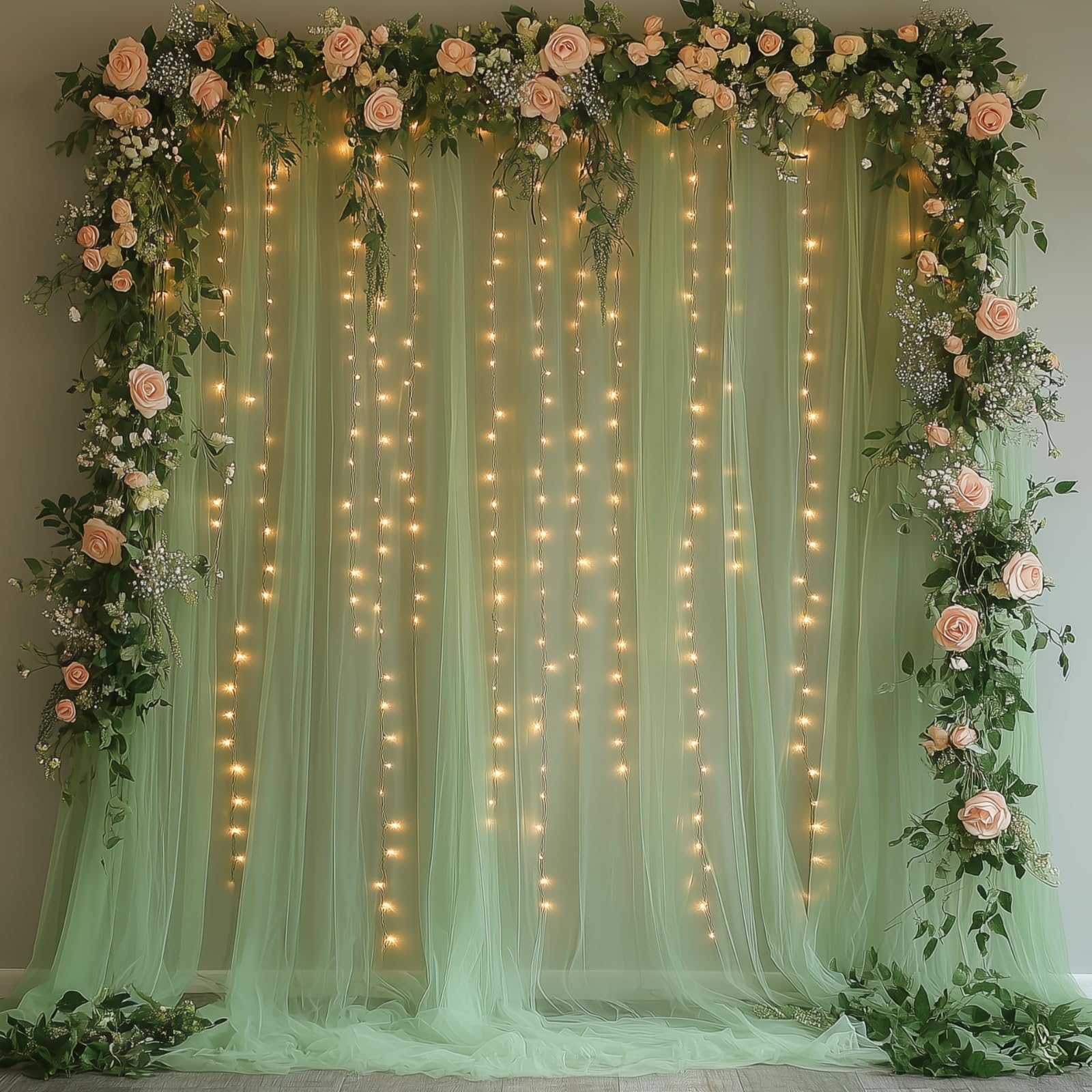 Patioman 10x10ft Green Tulle Backdrop Curtain with String Lights, Wrinkle-Free Sheer Wedding Backdrop for Birthday Parties, Baby Showers, Bridal