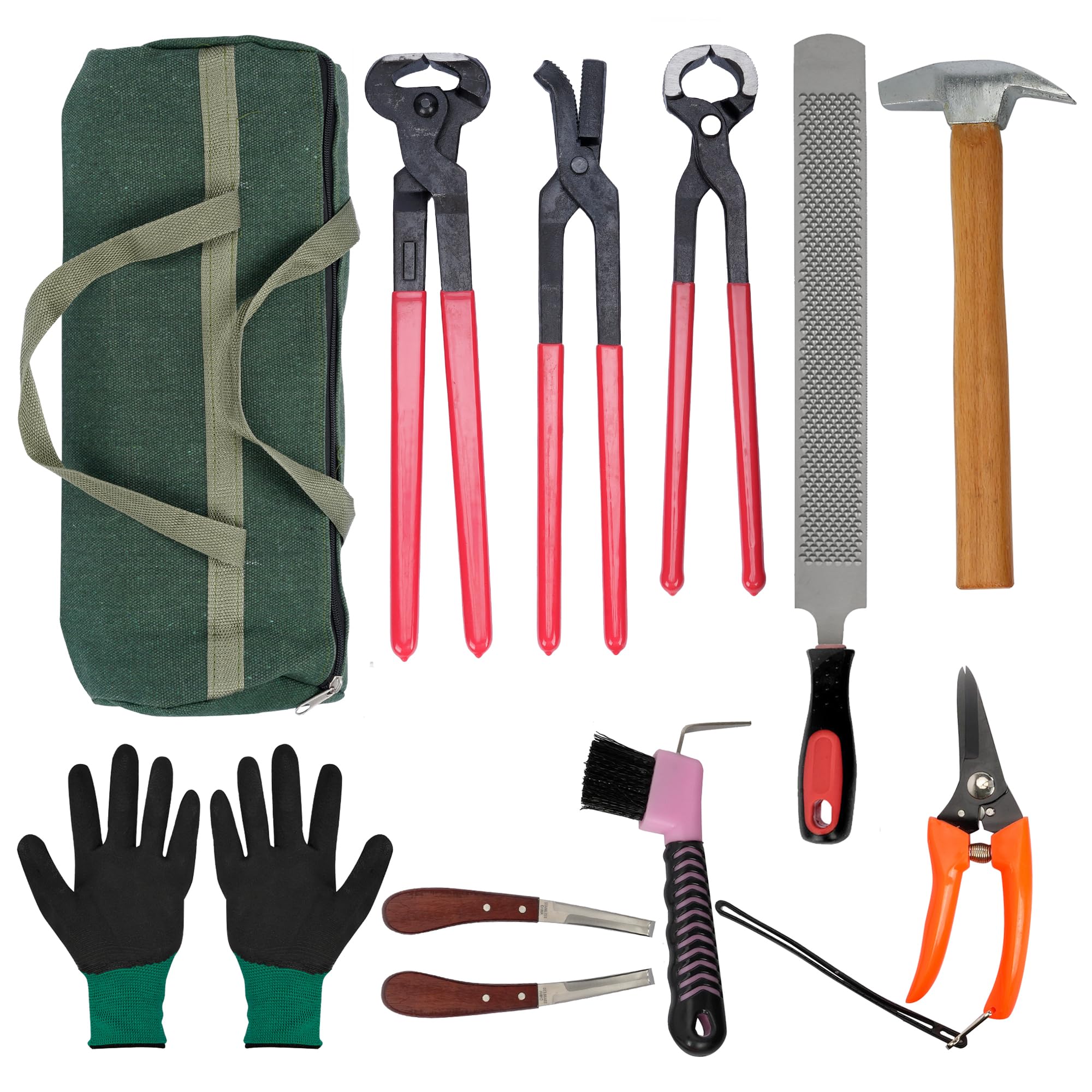 12Pcs Farrier Tools Kit Hoof Trimming Tools with Tool Bag, Hoof Nippers, Horseshoe Cutting Pliers, Goat Hoof Trimmers Shear, Hoof Rasp File, Horseshoe Brush, Hoof Knife, Hoof Hammer, Gloves