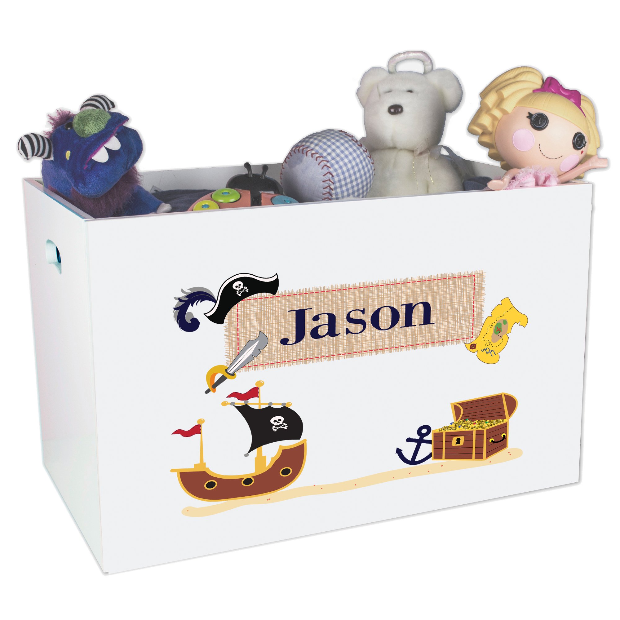 My Bambino Personalized Pirate Treasure Chest Toy Box for Boys Custom White Wooden Farm Theme for Kids Bin Child Safe with No Lid Storage Playroom Nursery