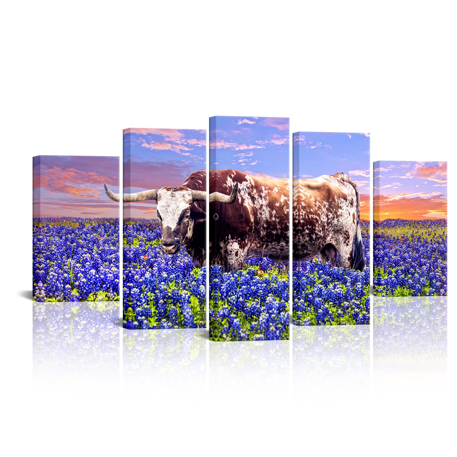 RyounoArt Longhorn Wall Decor Texas Bluebonnet Pictures Painting Bluebonnet Field Canvas Art for Living Room Bedroom Decor Framed Large