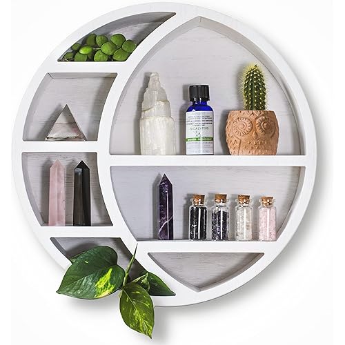 CNF Concepts Crescent Moon Shelf – Wooden with Rose Quartz Crystal Rustic Display for Healing Crystals, Essential Oils Wall-Mounted Home Decor, White