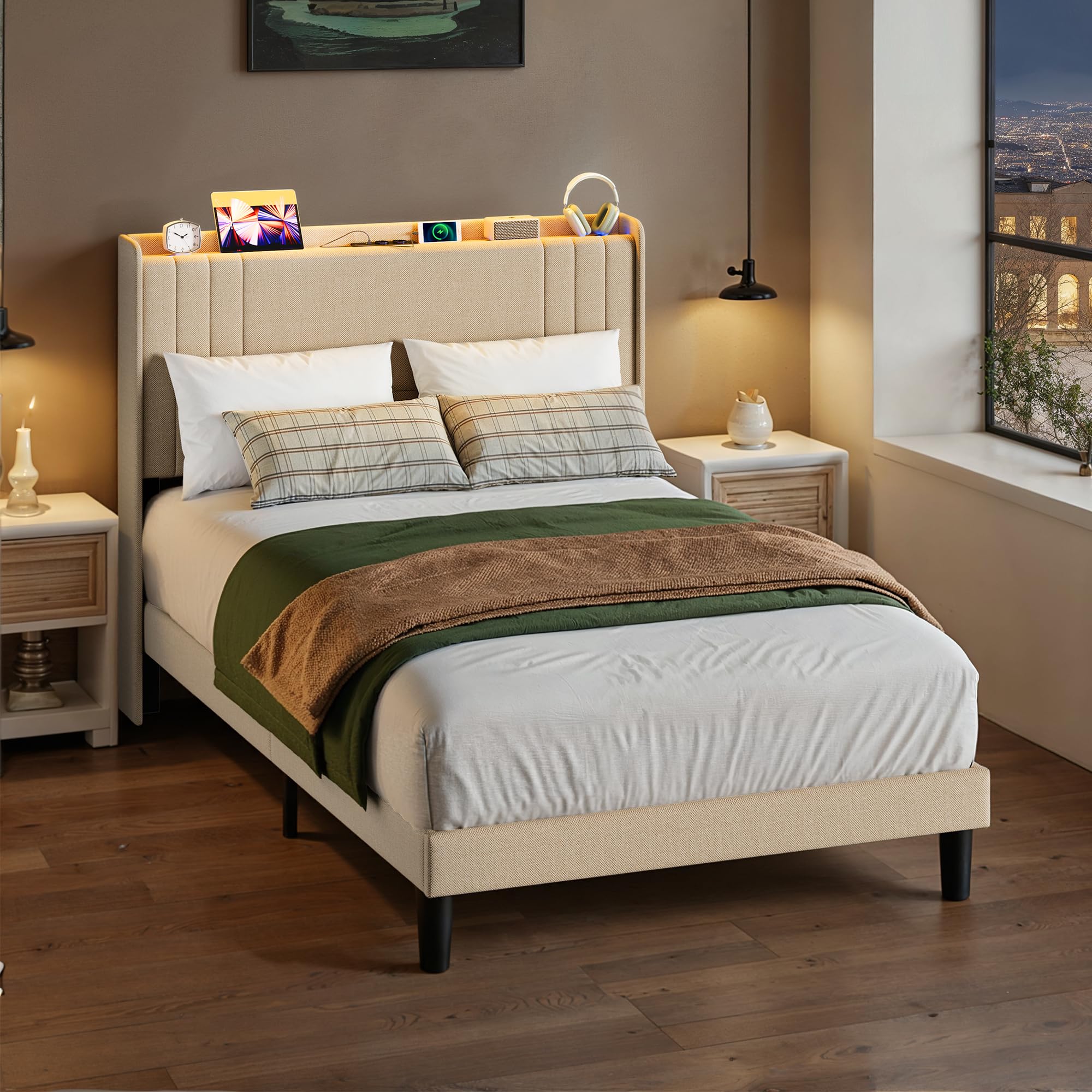 Letto imbottito con luce LED 120 x 200 cm，Piattaforma Struttura letto (2 Prese CA 2 Porte USB), Per le camere degli ospiti e le camere da letto (Beige, 120 x 200 cm)